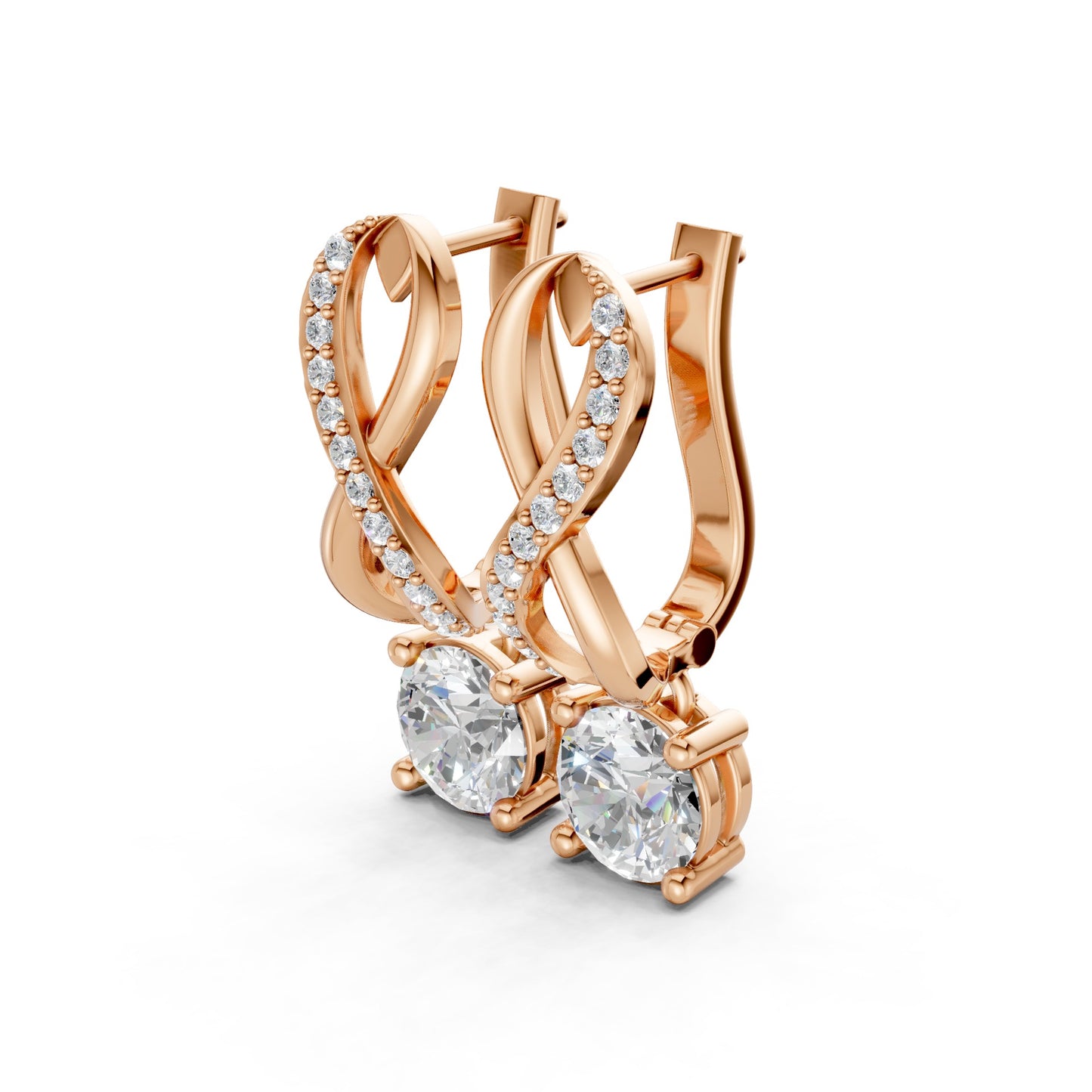 Side view of Infinity Embrace Diamond Earrings in 18K rose gold, highlighting the graceful profile and embrace of 2.18 ct lab-grown diamonds in infinity design.