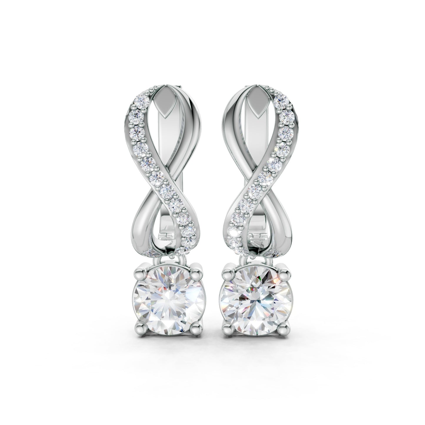 Front view of Infinity Embrace Diamond Earrings in 18K white gold, showcasing 2.18 ct lab-grown round brilliant diamonds in a cool infinity motif with sparkling accents.