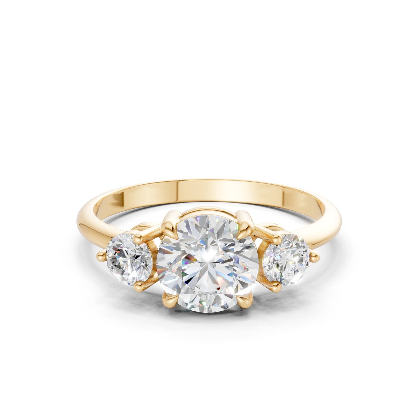 Frontal view of the Triple Shine 1.3 CT Diamond Ring in yellow gold, featuring three radiant diamonds that shine with harmony and classic golden warmth.