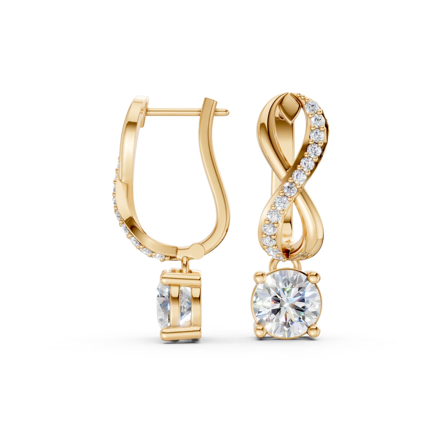 Full view of Infinity Embrace Diamond Earrings in 18K yellow gold with 2.18 ct lab-grown diamonds, displaying the complete infinity motif against a white background.