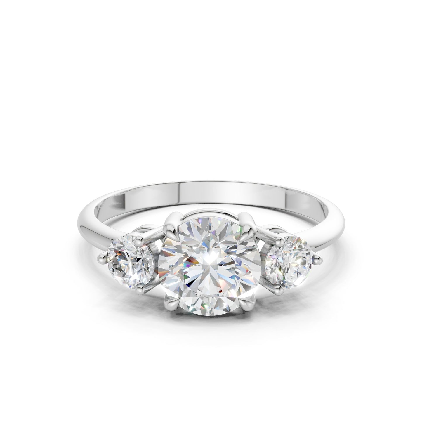Frontal view of the Triple Shine 1.3 CT Diamond Ring in white gold, showcasing three perfectly aligned diamonds in a sleek and icy setting.