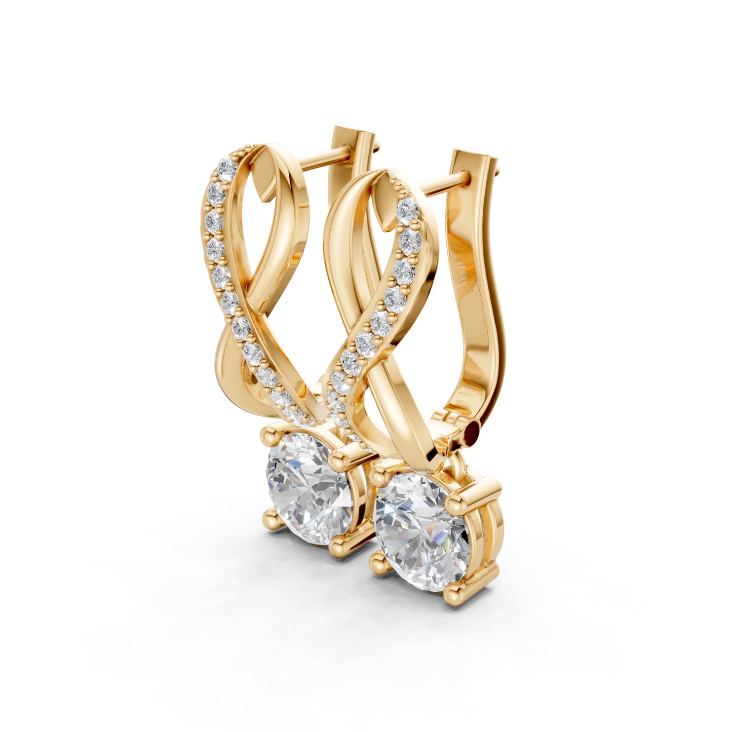 Side view of Infinity Embrace Diamond Earrings in 18K yellow gold, highlighting the graceful profile and embrace of 2.18 ct lab-grown diamonds in infinity design.