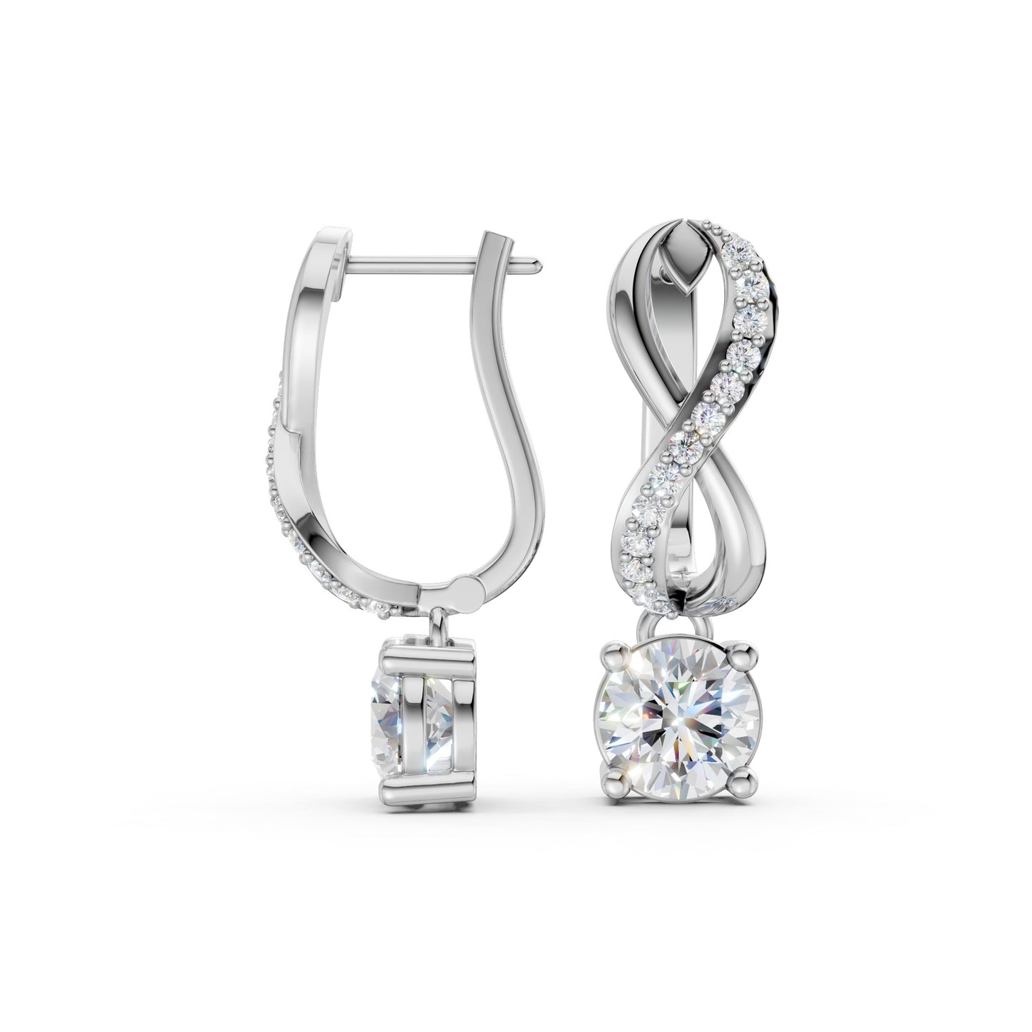 Full view of Infinity Embrace Diamond Earrings in 18K white gold with 2.18 ct lab-grown diamonds, displaying the complete infinity motif against a white background.