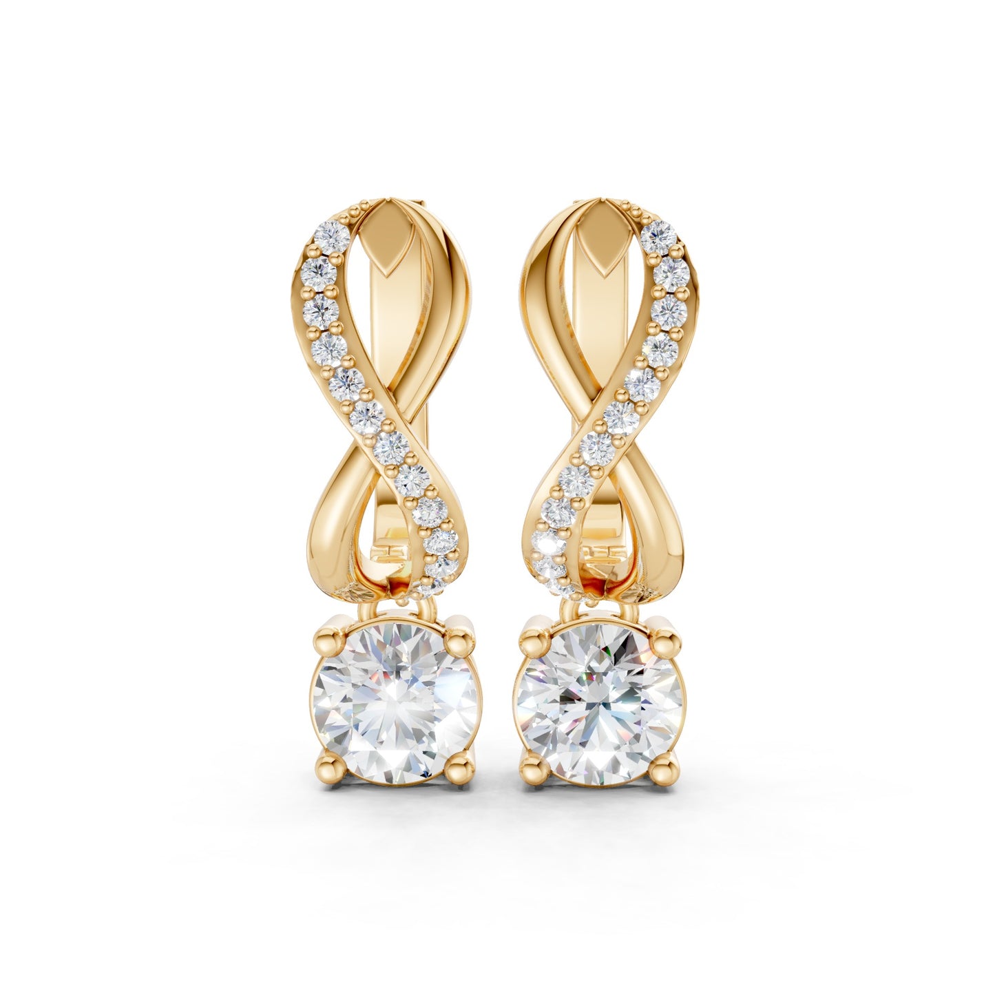 Front view of Infinity Embrace Diamond Earrings in 18K yellow gold, showcasing 2.18 ct lab-grown round brilliant diamonds in a vibrant infinity motif with sparkling accents.