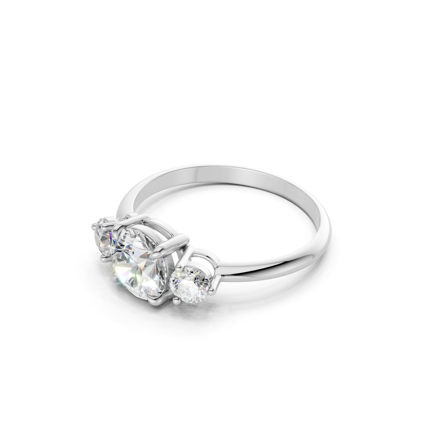 Profile shot highlighting the elegant rise of each stone from the cool-toned white gold band.