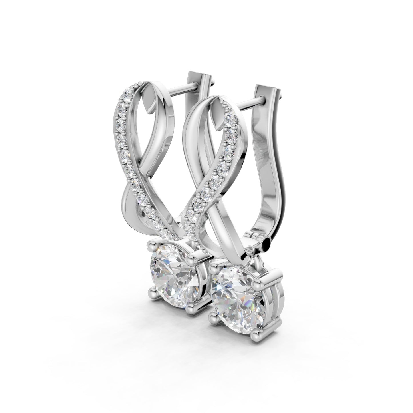 Side view of Infinity Embrace Diamond Earrings in 18K white gold, highlighting the graceful profile and embrace of 2.18 ct lab-grown diamonds in infinity design.