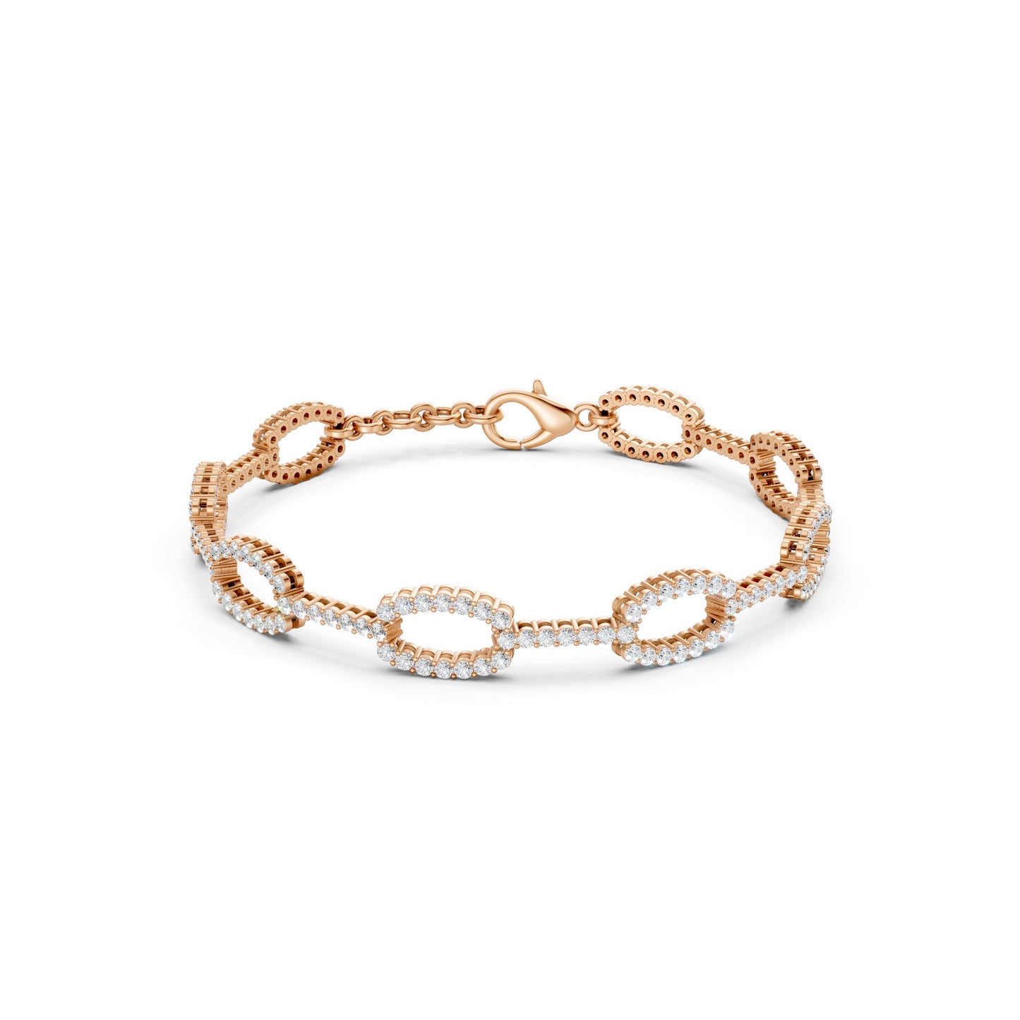 Bold front display of oval rose gold links, fully pavé-set with 182 round diamonds totaling 3.27 CT, exuding architectural elegance.