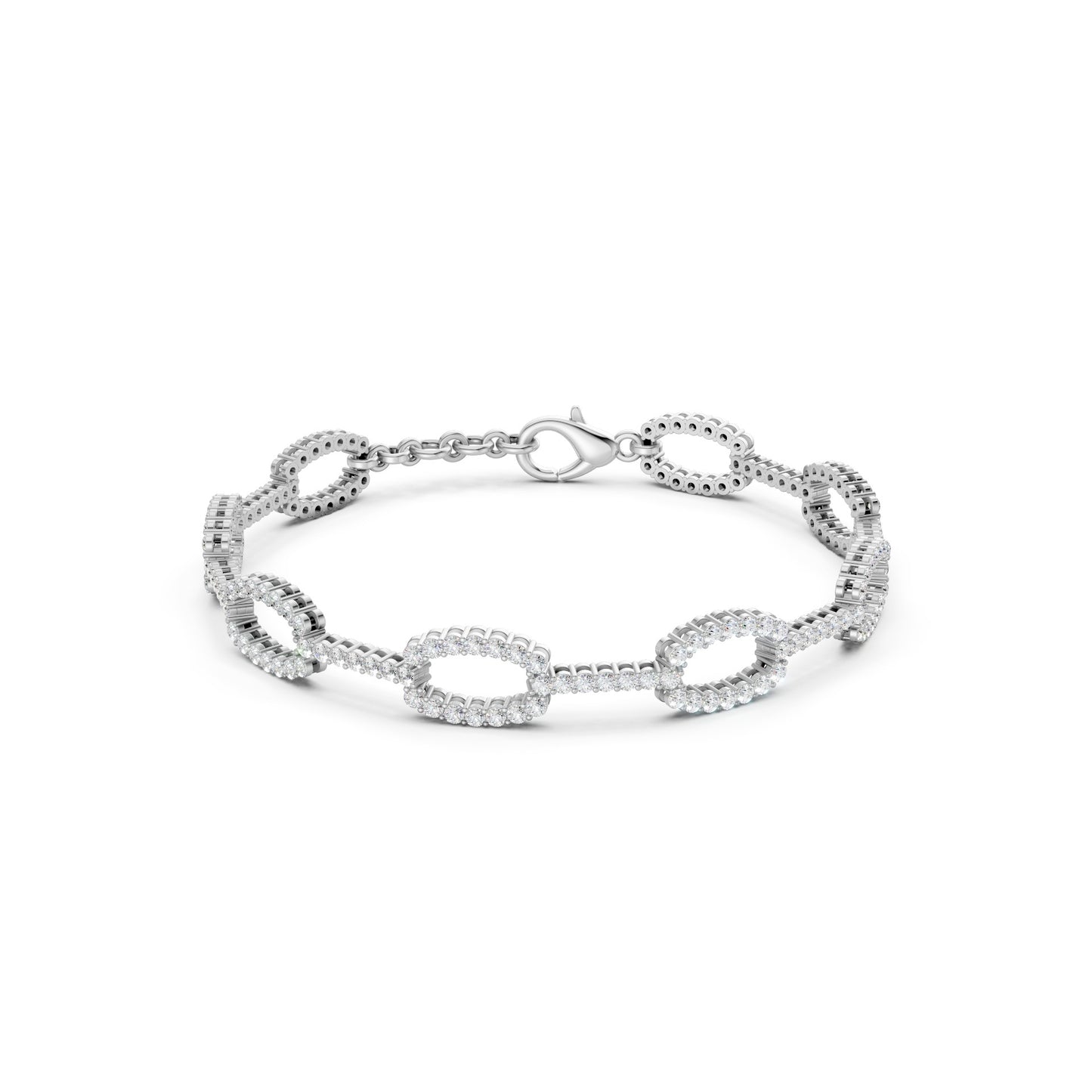 Front view of the bold and architectural Diamond Link bracelet, with sculptural oval links pavé-set with 182 diamonds totaling 3.27 CT, all set in luminous white gold.