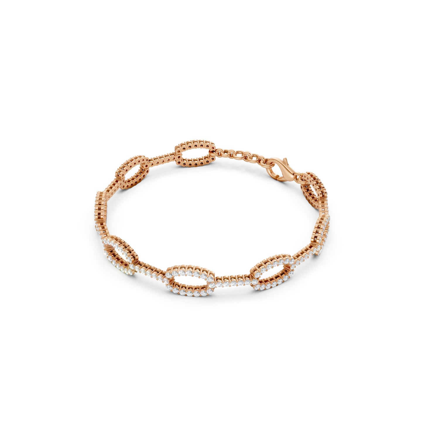 Sculptural profile emphasizing the bracelet’s substantial rose gold link structure and encrusted diamond surfaces.