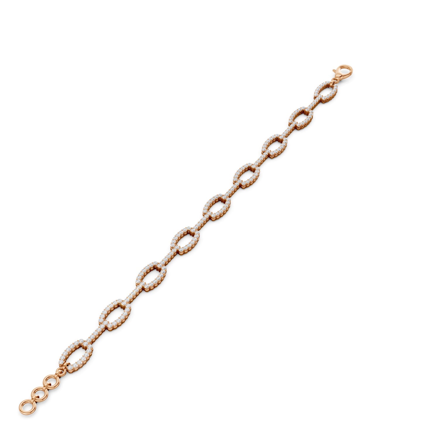 Bracelet fully extended, revealing the rhythmic sequence of luminous pavé-set links in warm rose gold.
