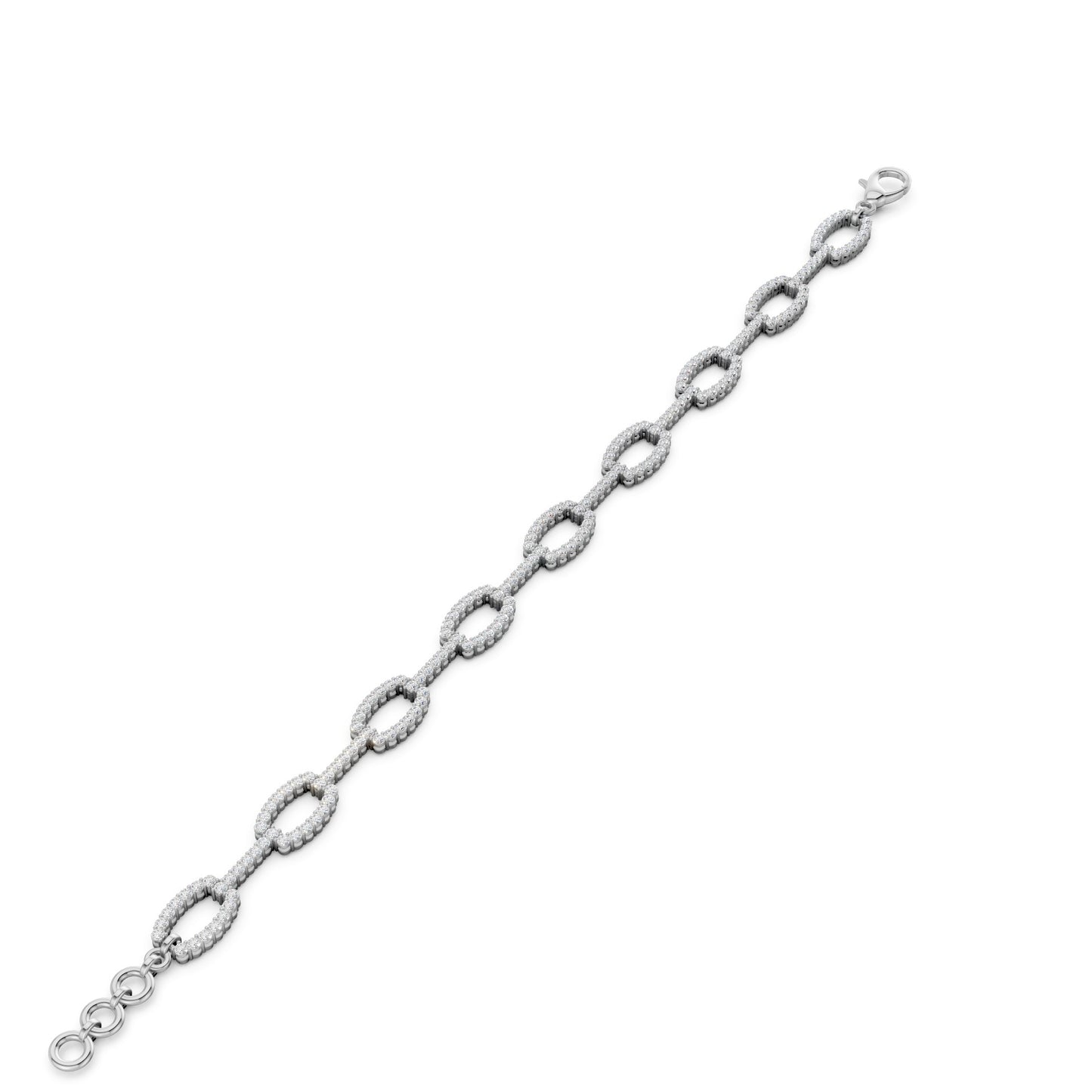 Flat-lay display of the bracelet, showing the rhythmic form and brilliance of every white gold link.