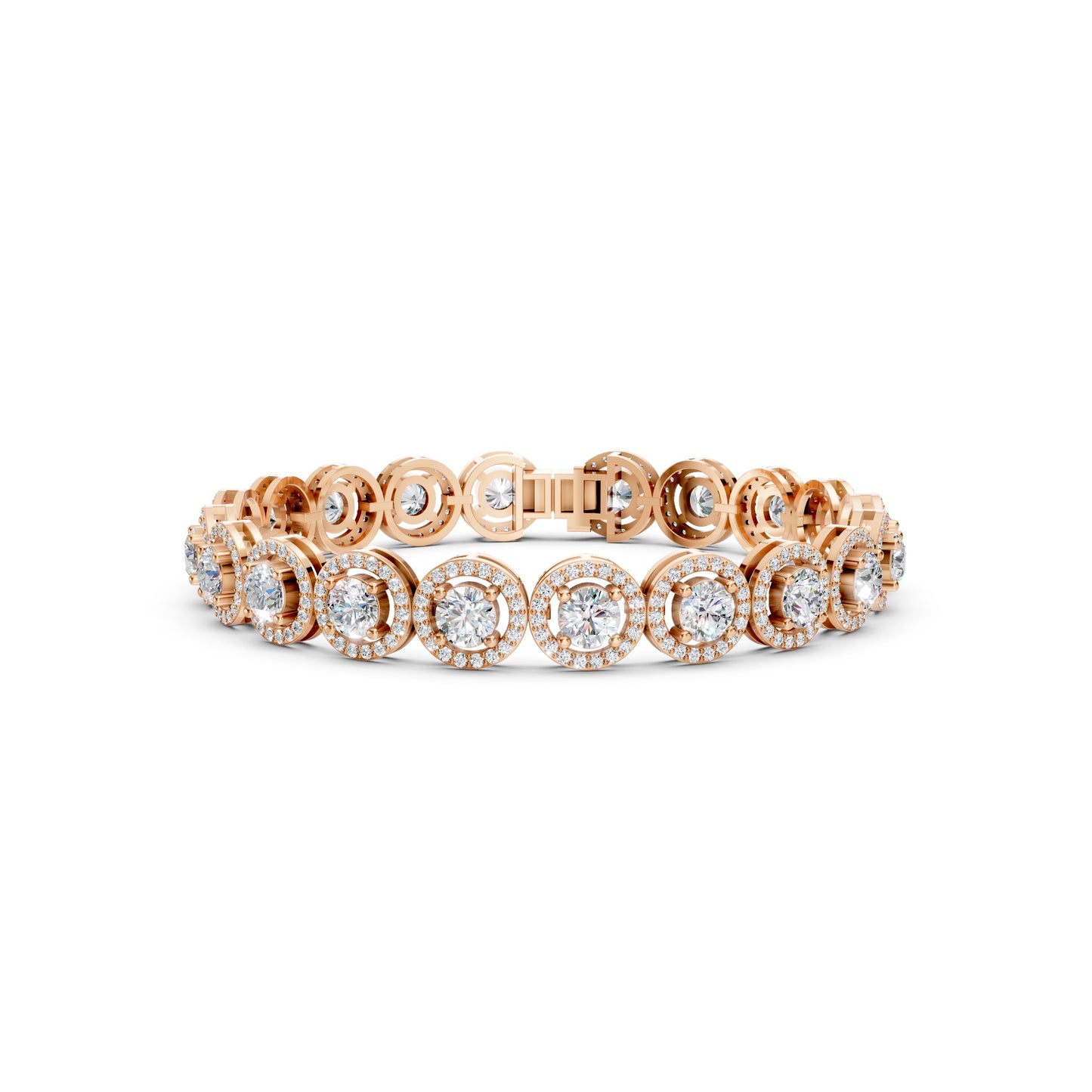Frontal view of the Regal Halo Diamond 8.50 CT Bracelet in rose gold, showcasing a series of halo-set round diamonds glowing with romantic warmth and elegance.
