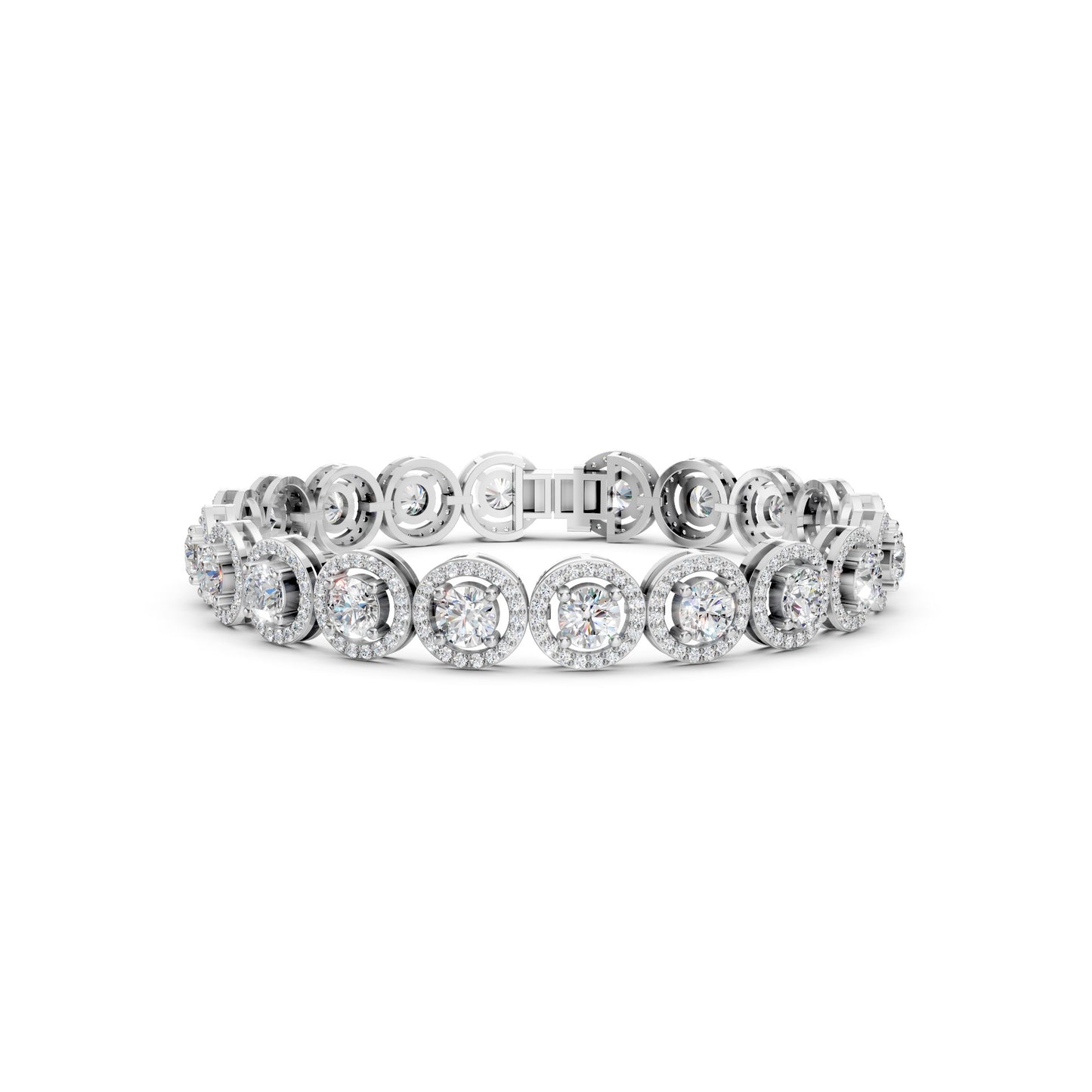 Frontal view of the Regal Halo Diamond 8.50 CT Bracelet in white gold, featuring round diamonds in icy, luminous halo settings.