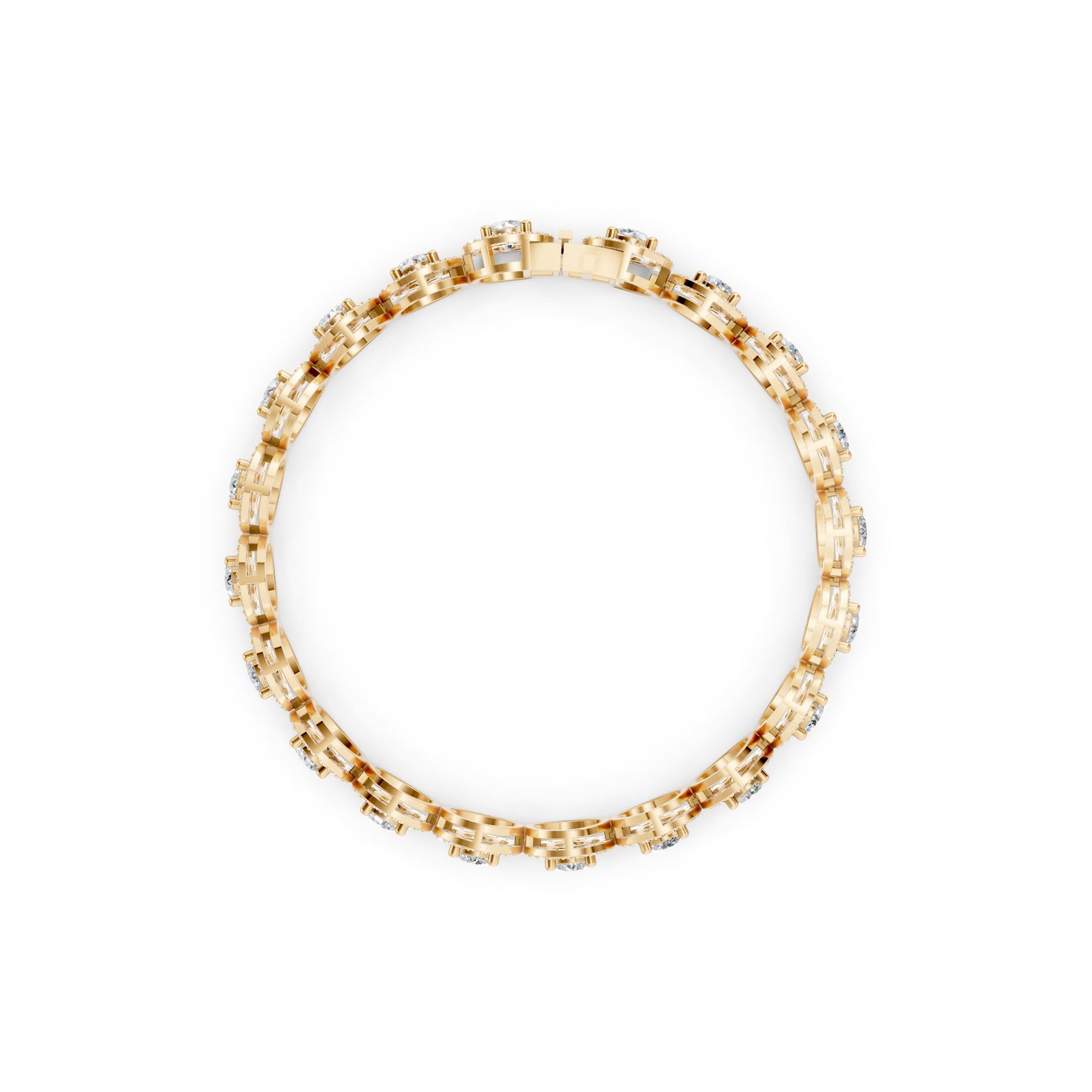 Profile perspective highlighting the domed halo settings and rich golden glow that supports each brilliant diamond.