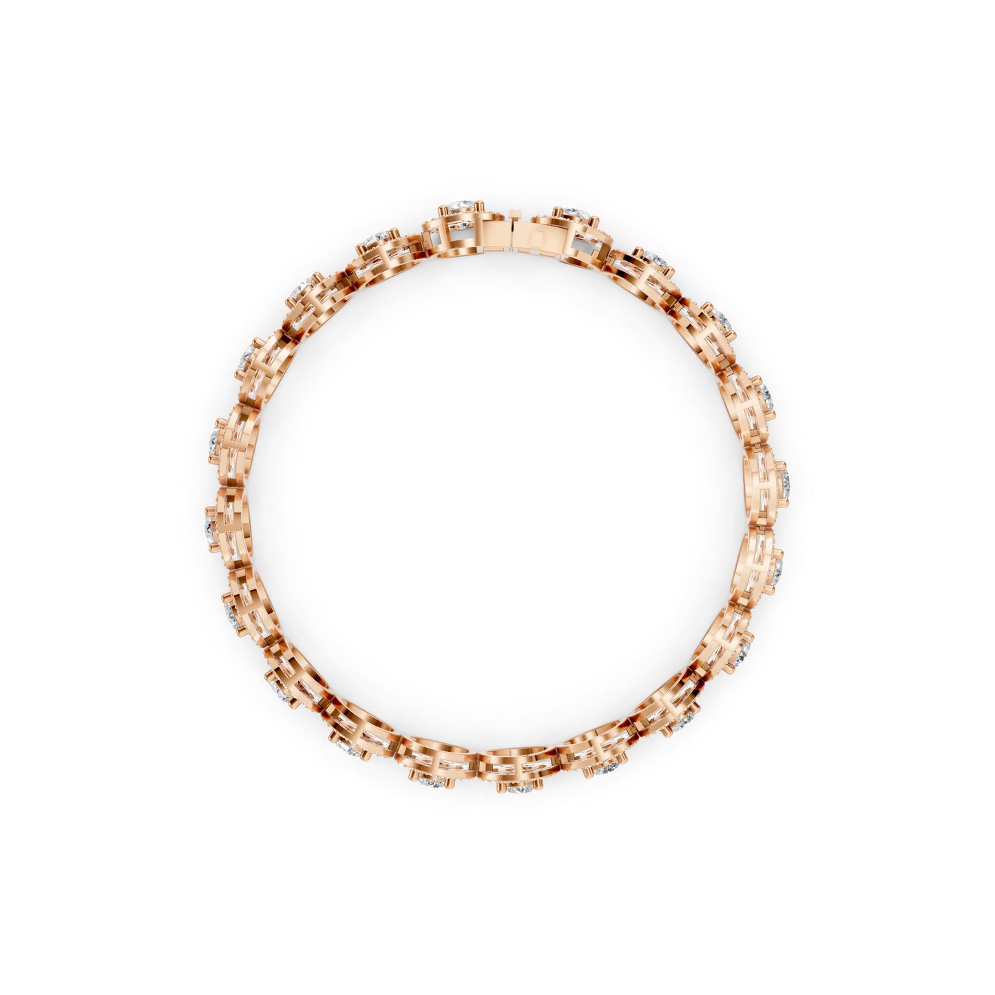 Side profile revealing the depth and structure of the halo settings, each diamond framed in luminous rose gold.