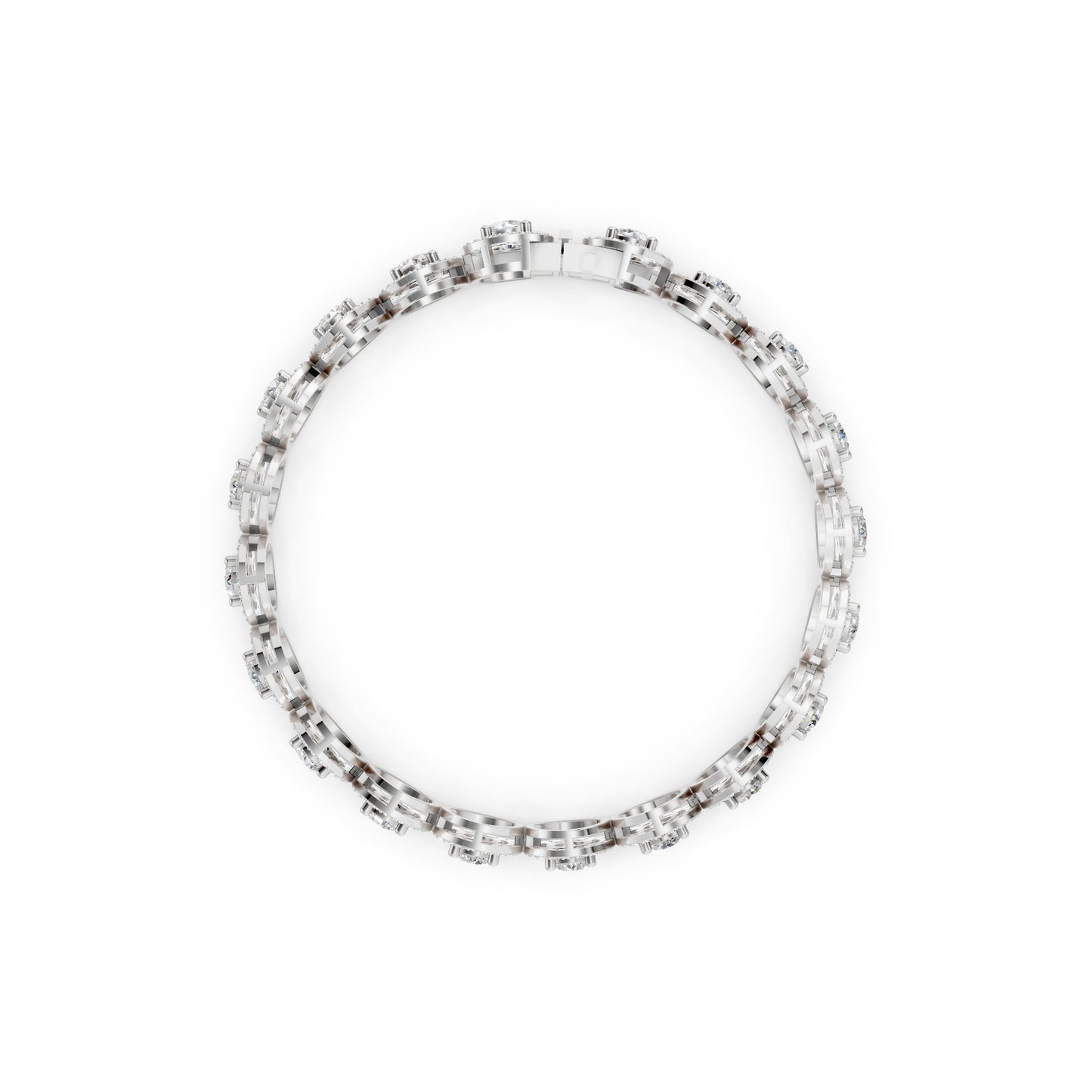 Side view emphasizing the refined white gold craftsmanship encircling each stone in a cool-toned brilliance.