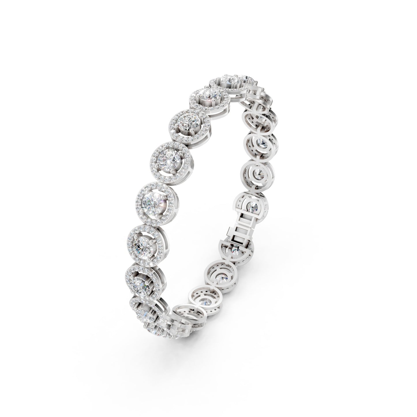 Complete overhead display of the bracelet showing precision in the placement of every halo-set diamond along the white gold frame.