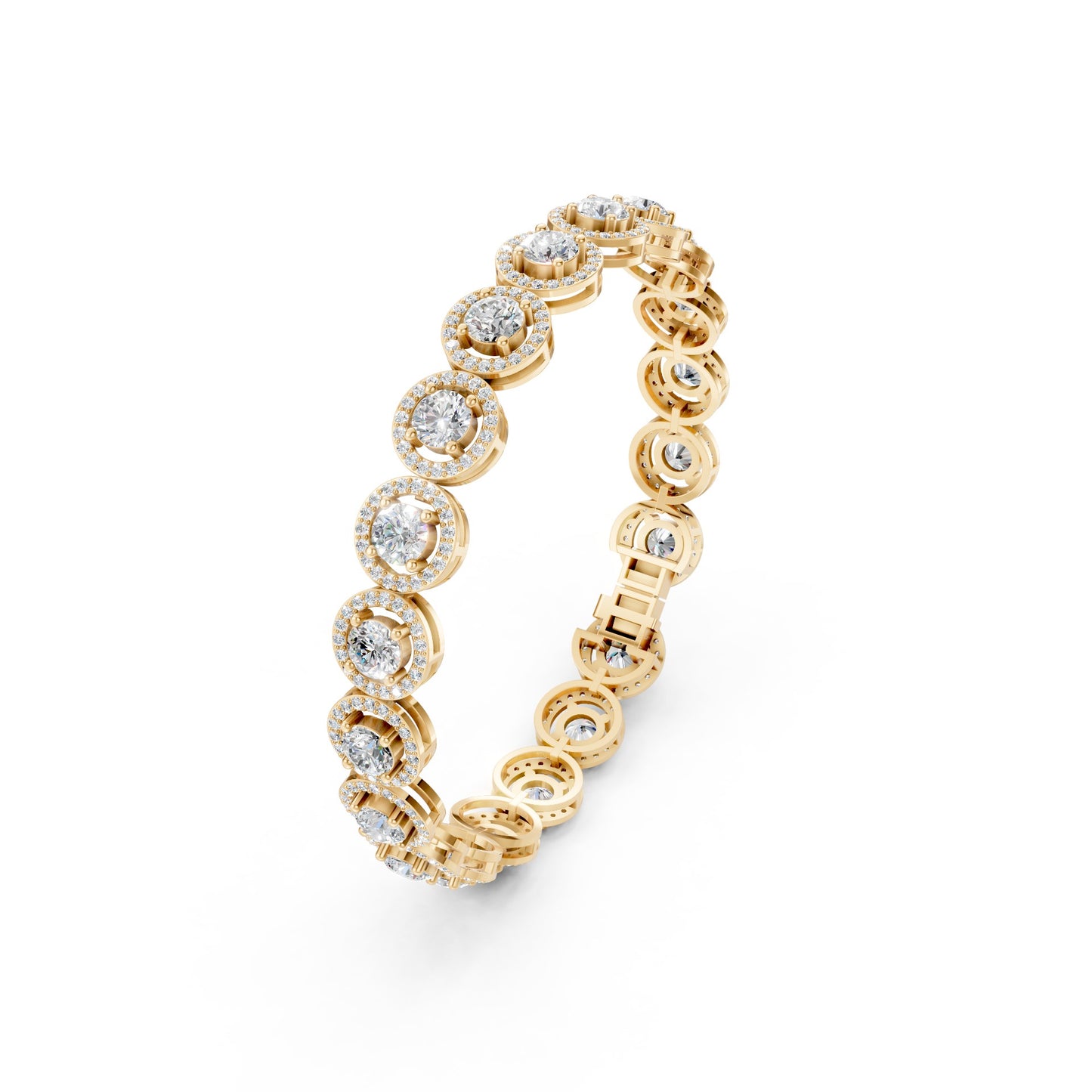 Fully laid view of the bracelet revealing the rhythmic halo arrangement of diamonds set in polished rose gold.