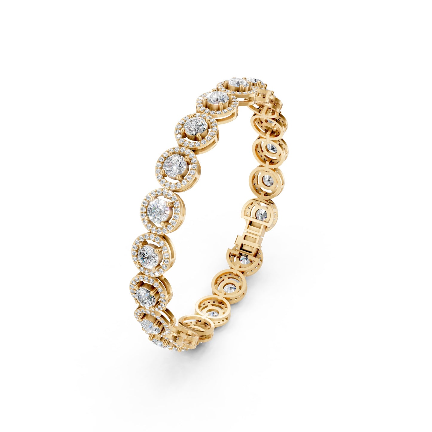 Flat-lay view showing the bracelet’s symmetrical arrangement of diamond halos in radiant yellow gold.