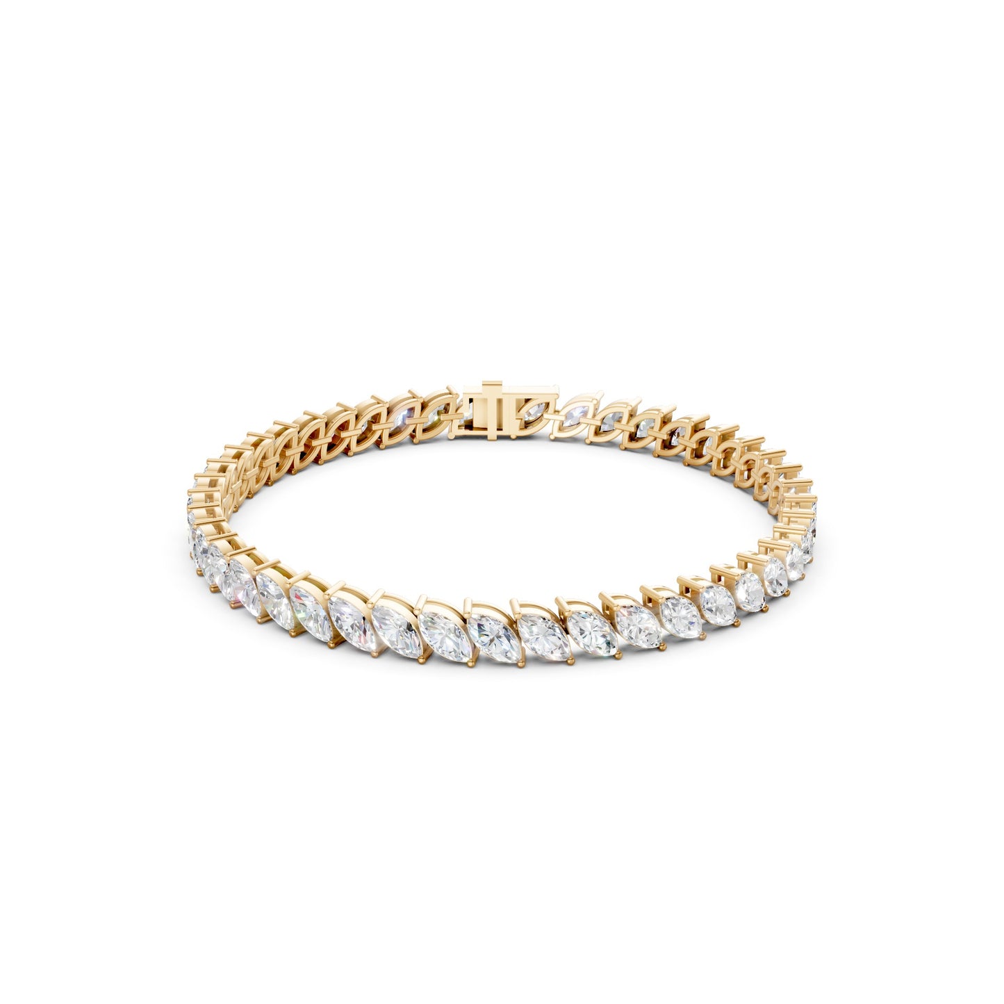 Frontal view of the Marquise Diamond 10.0 CT Tennis Bracelet in yellow gold, emphasizing the distinctive elongated shapes and golden warmth.