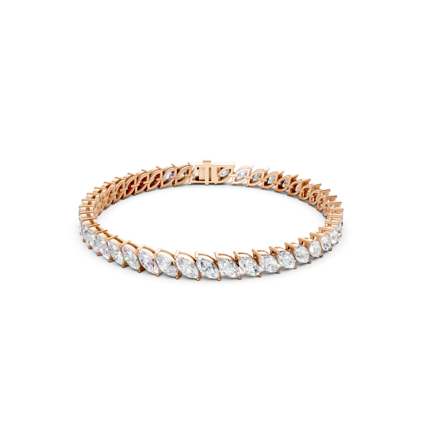 Frontal view of the Marquise Diamond 10.0 CT Tennis Bracelet in rose gold, featuring an elegant series of marquise-cut diamonds radiating feminine brilliance and warmth.