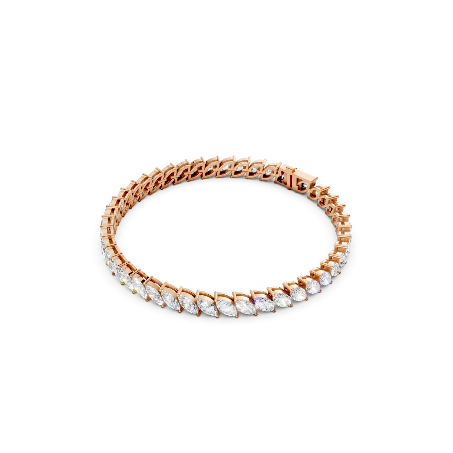 Profile angle showing the pointed ends and graceful curvature of marquise diamonds, delicately mounted in soft-hued rose gold.