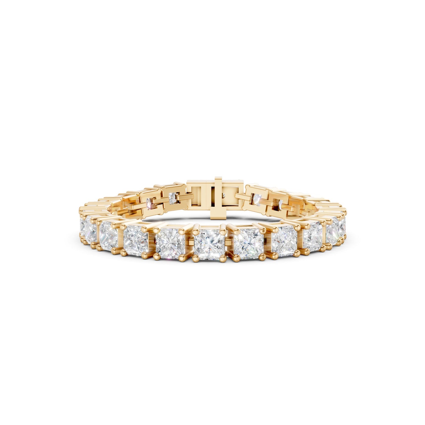 Frontal view of the Princess Cut Diamond 8.40 CT Tennis Bracelet in yellow gold, showcasing a bold and structured line of square-cut diamonds set in timeless warmth.