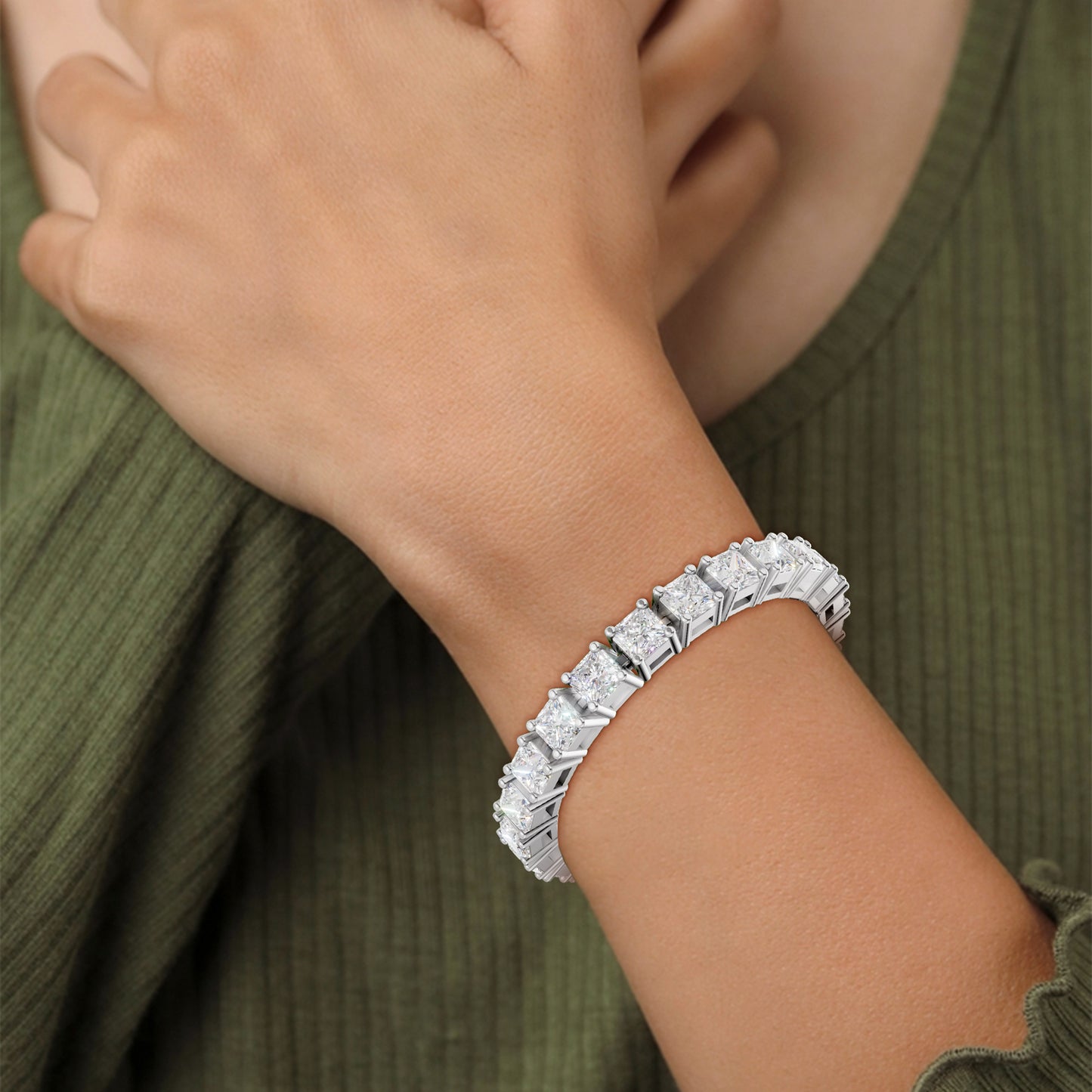 Gracefully worn, the bracelet glows with icy brilliance, framed in sleek white gold for modern luxury.