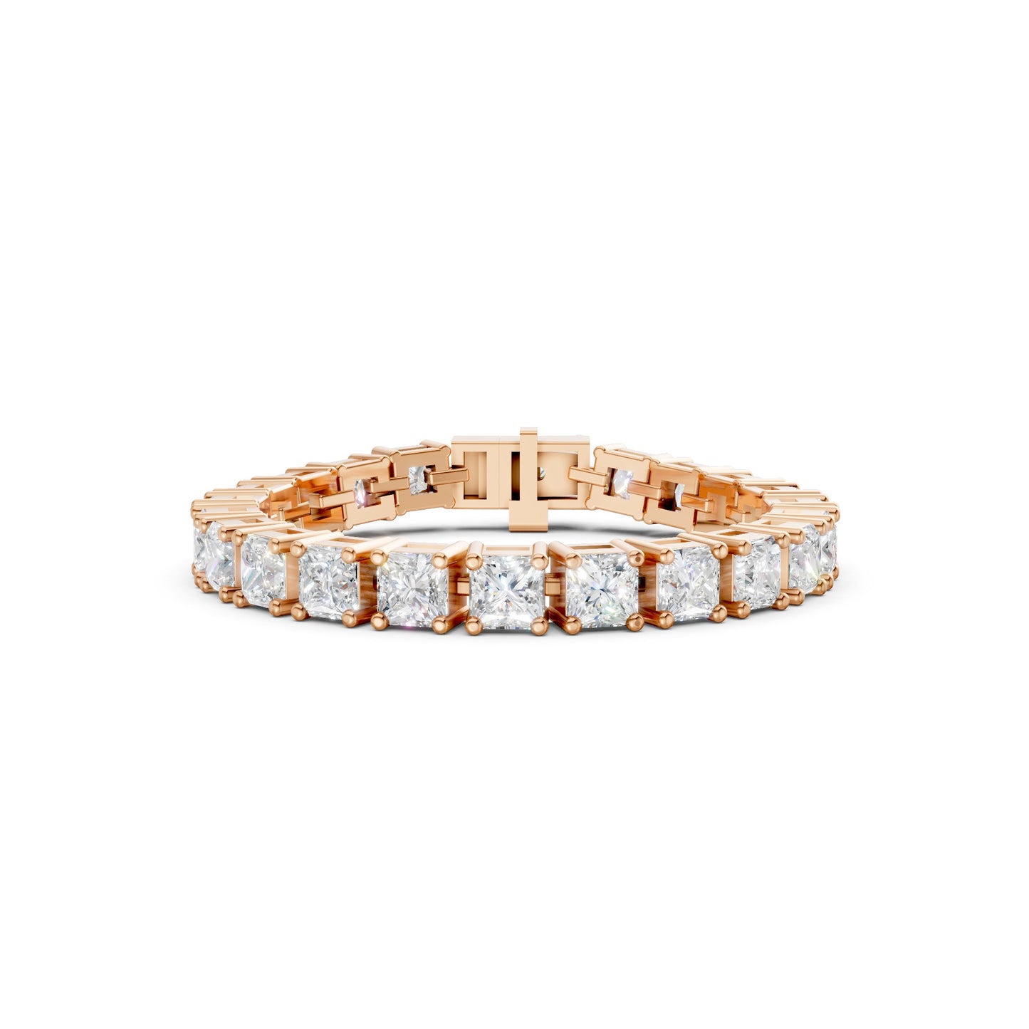Frontal view of the Princess Cut Diamond 8.40 CT Tennis Bracelet in rose gold, showcasing a seamless row of square-cut diamonds exuding modern brilliance with a romantic blush.