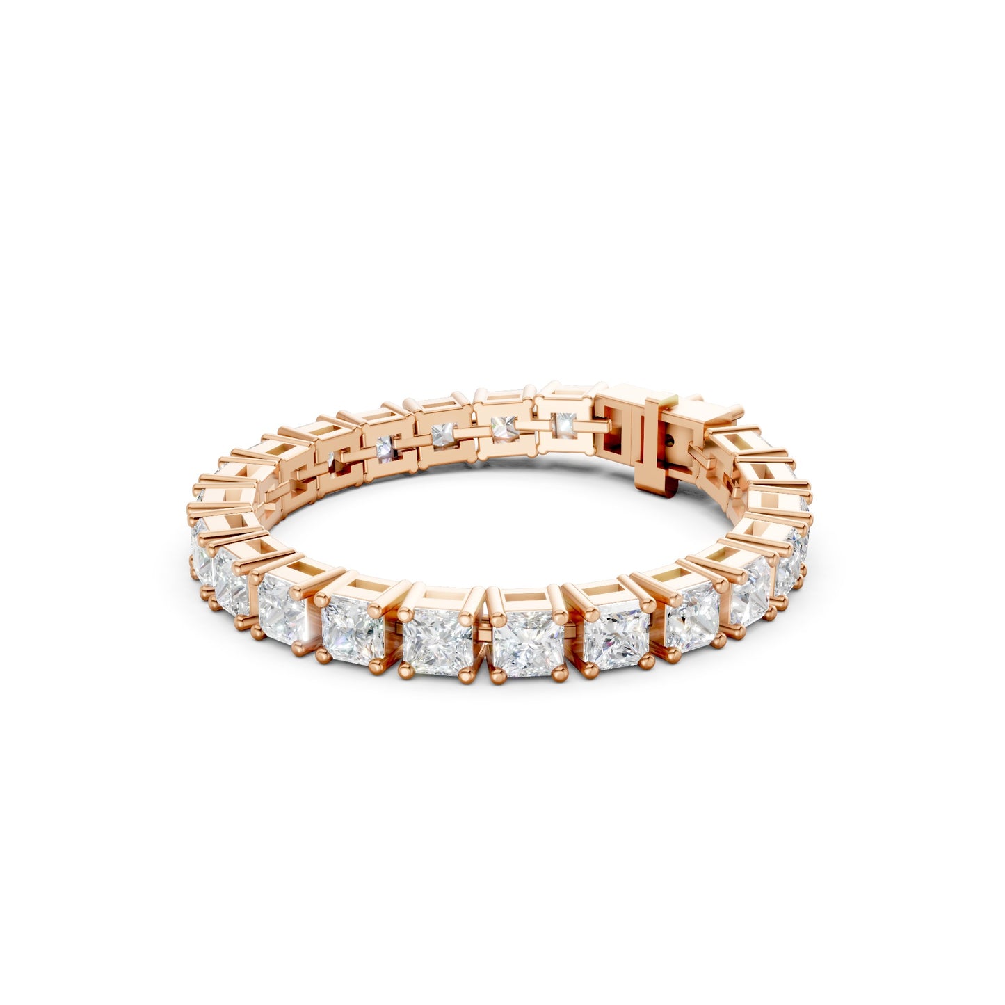 Profile shot revealing the sleek rose gold settings that elevate each princess-cut diamond in a refined, geometric layout.