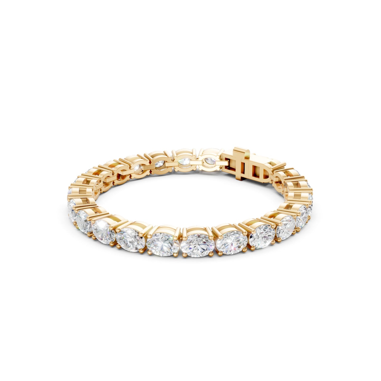 Profile angle showing the bold golden links and securely set oval-cut diamonds.