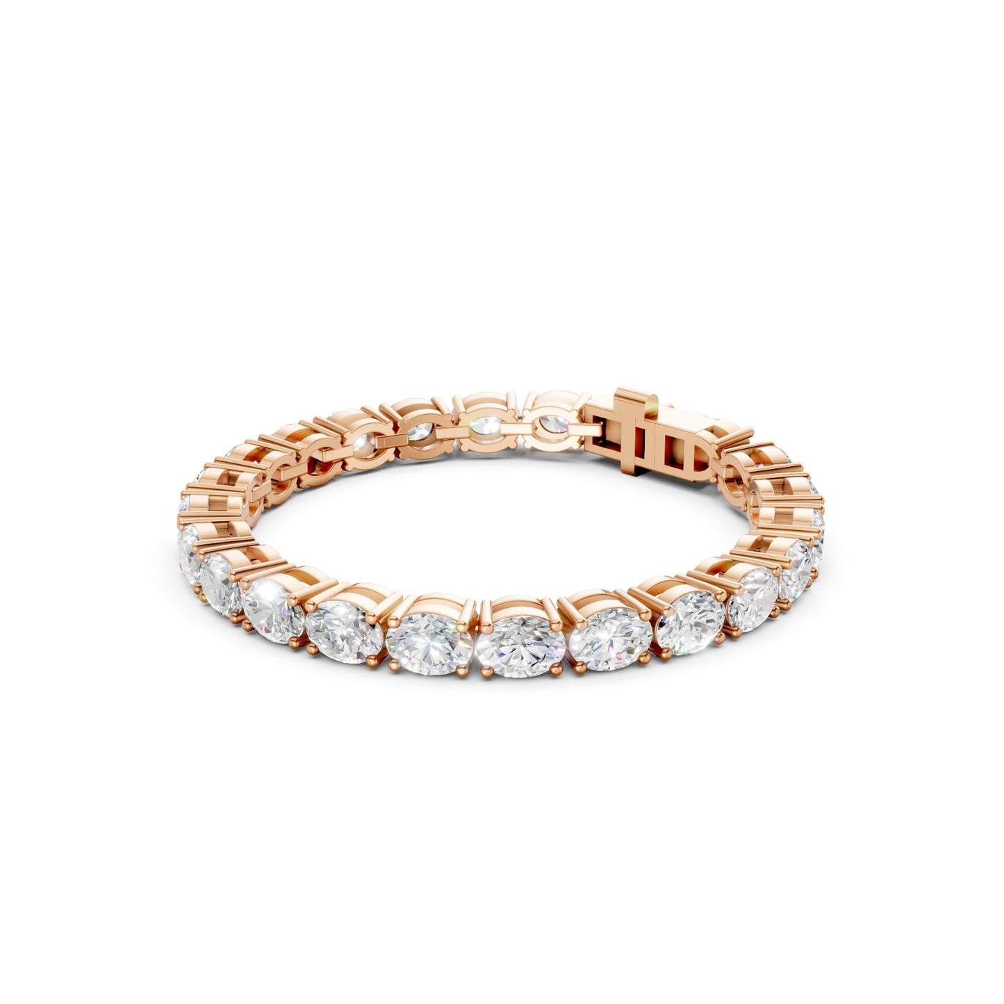 Side profile highlighting the prong settings and the soft pink glow of the rose gold structure.