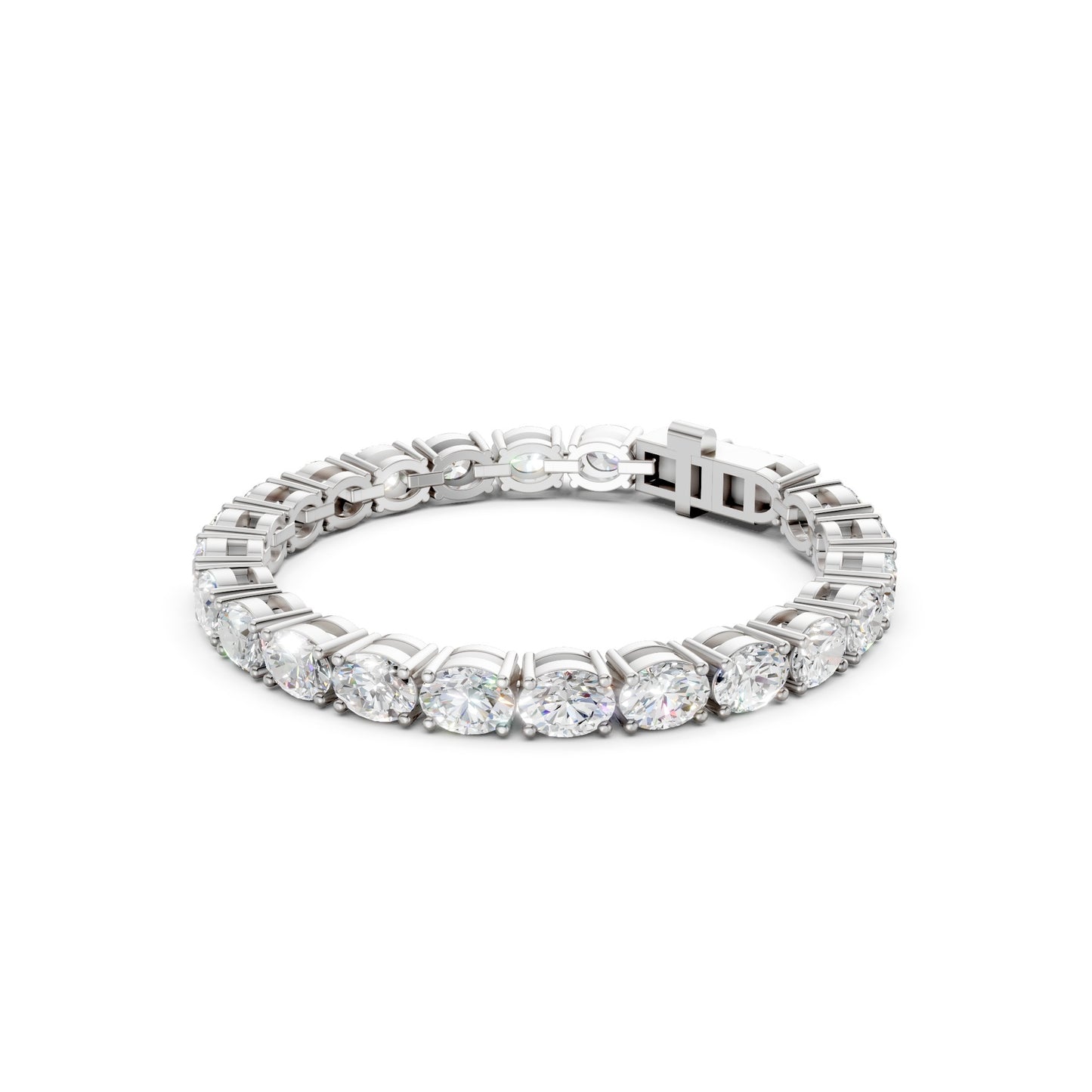 Sleek profile displaying white gold prongs and elongated oval stones.
