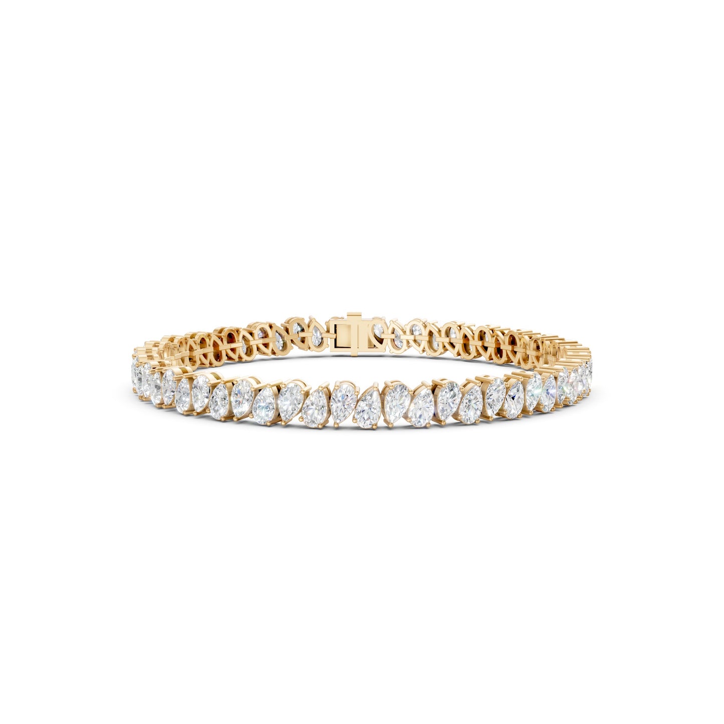 Front view of the Pear Radiance Bracelet, highlighting 7.95 ct pear-cut diamonds arranged in 18K yellow gold, emphasizing the bracelet’s radiant sparkle and intricate craftsmanship.