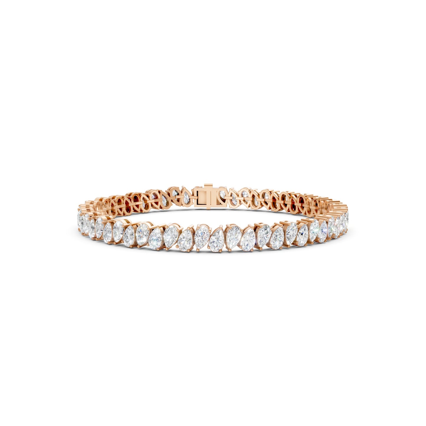 Front view of the Pear Radiance Bracelet, highlighting 7.95 ct pear-cut diamonds arranged in 18K rose gold, emphasizing the bracelet’s radiant sparkle and intricate craftsmanship.