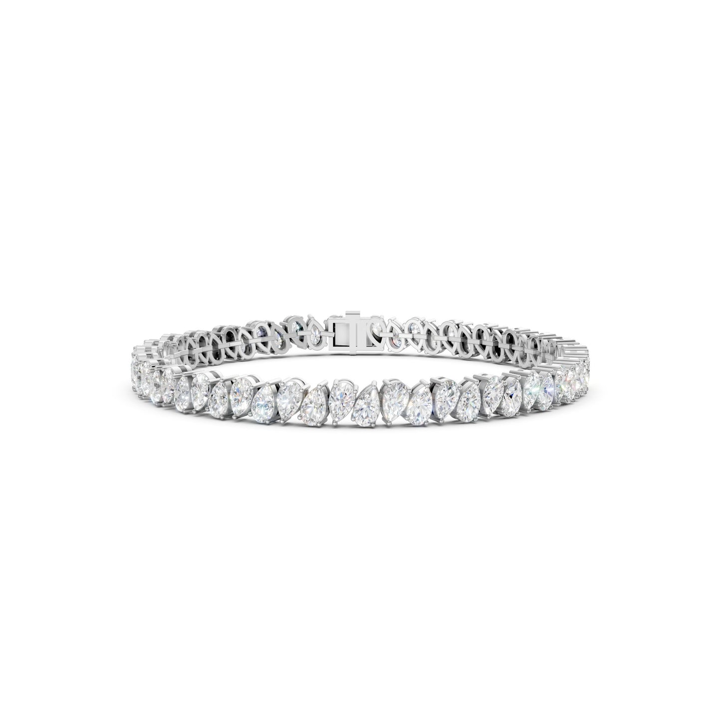 Front view of the Pear Radiance Bracelet, highlighting 7.95 ct pear-cut diamonds arranged in 18K white gold, emphasizing the bracelet’s radiant sparkle and intricate craftsmanship.