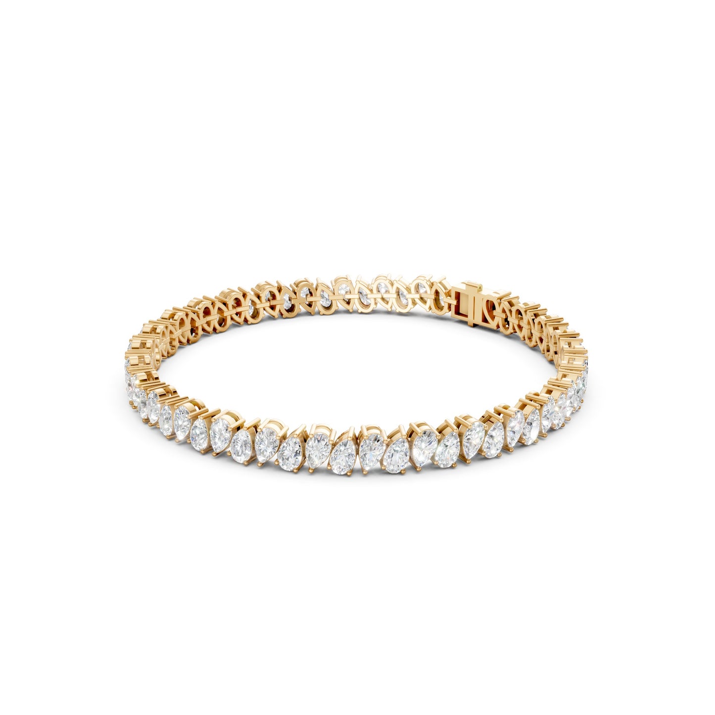 Side view of the Pear Radiance Bracelet, displaying the sleek profile of 7.95 ct pear-cut diamonds set in 18K yellow gold, showcasing the bracelet’s elegant curvature.