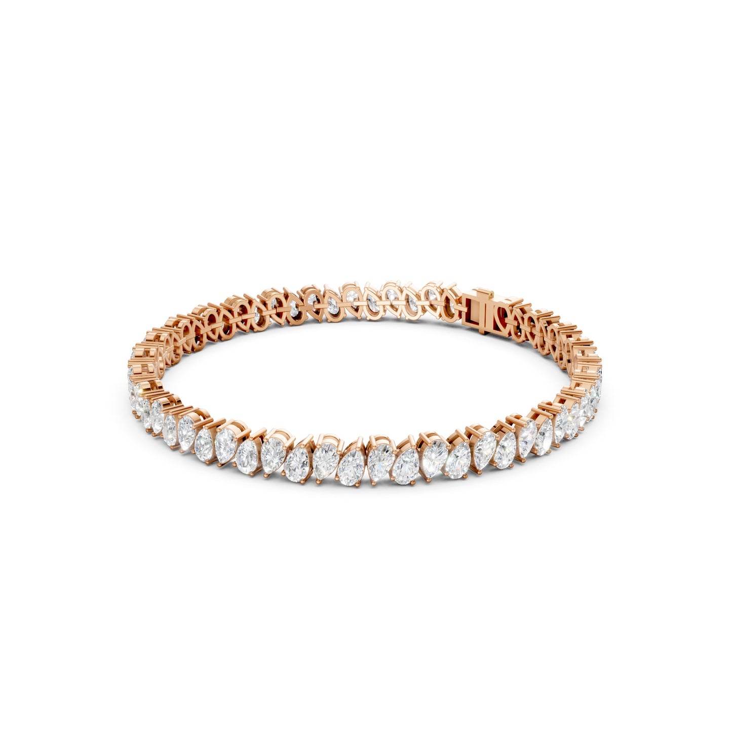 Side view of the Pear Radiance Bracelet, displaying the sleek profile of 7.95 ct pear-cut diamonds set in 18K rose gold, showcasing the bracelet’s elegant curvature.