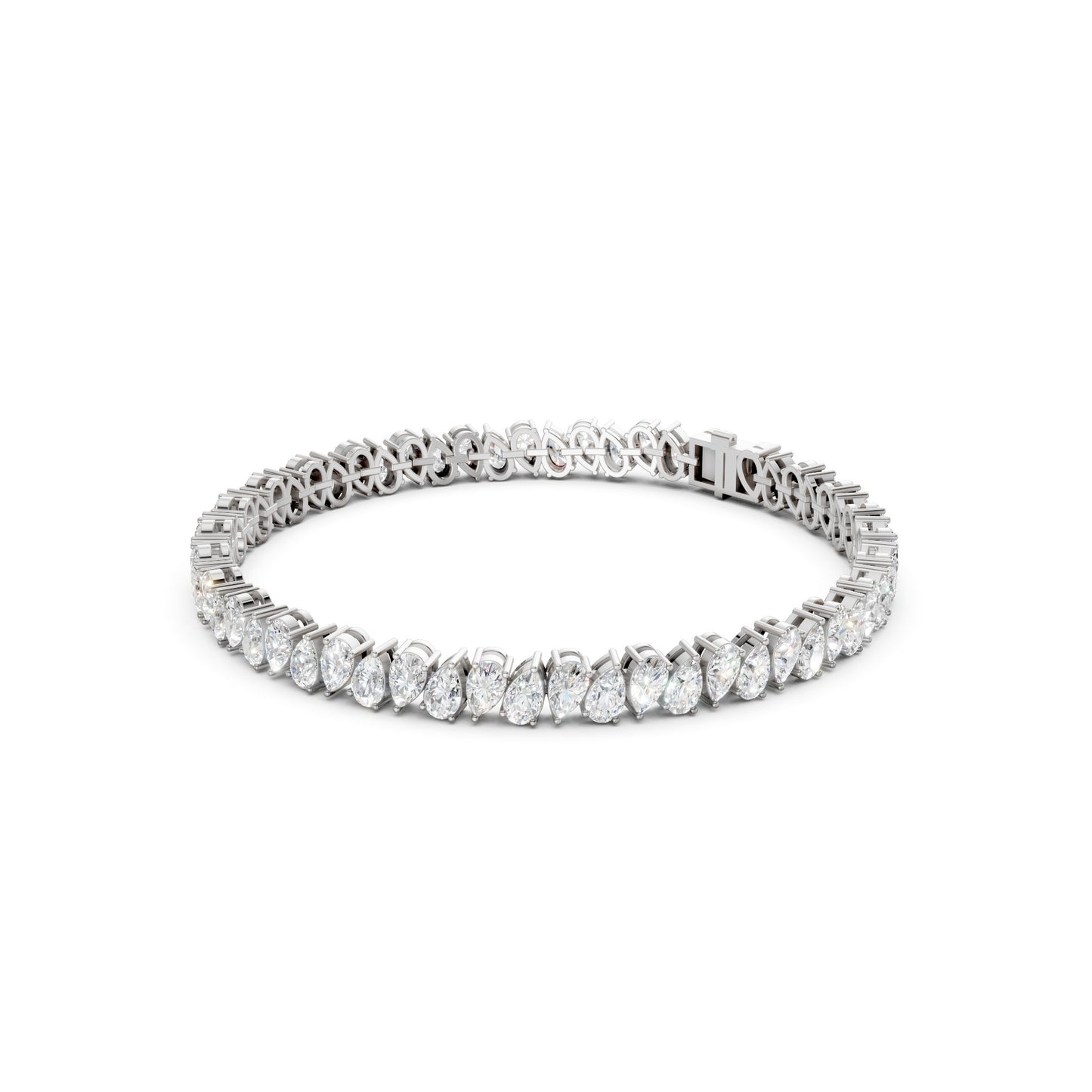 Side view of the Pear Radiance Bracelet, displaying the sleek profile of 7.95 ct pear-cut diamonds set in 18K white gold, showcasing the bracelet’s elegant curvature.