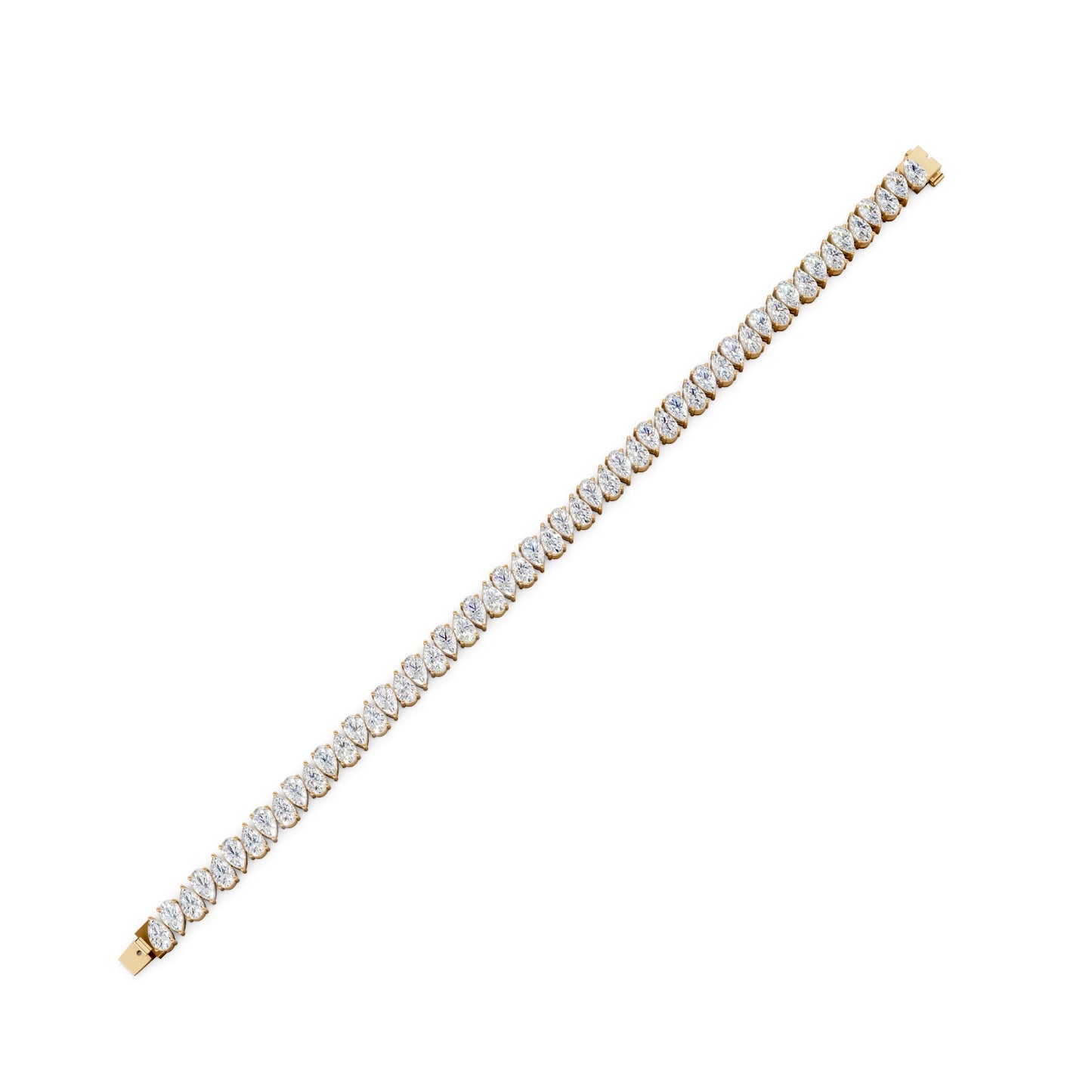 Elegant Pear Radiance Bracelet featuring 7.95 ct pear-cut diamonds set in lustrous 18K yellow gold, showcasing a full view of its sparkling design against a minimalist white background.