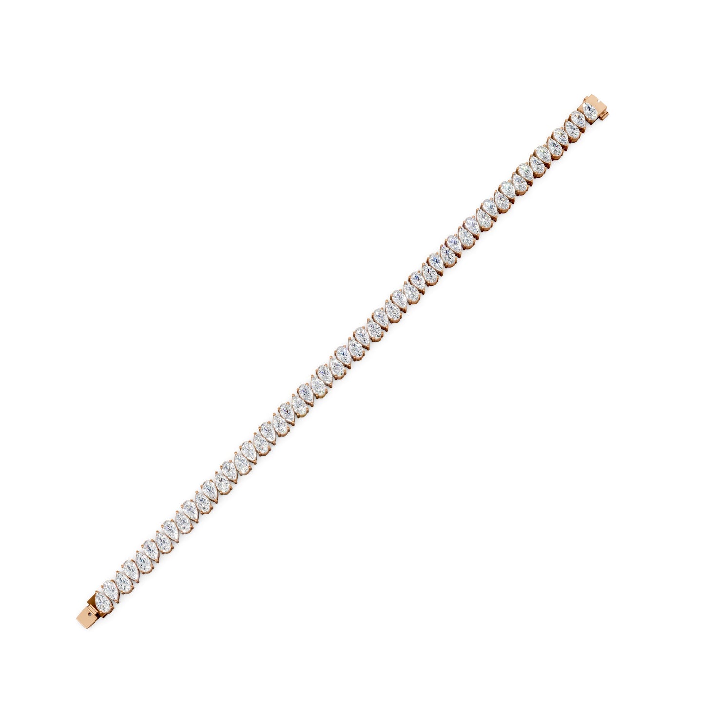 Elegant Pear Radiance Bracelet featuring 7.95 ct pear-cut diamonds set in lustrous 18K rose gold, showcasing a full view of its sparkling design against a minimalist white background.