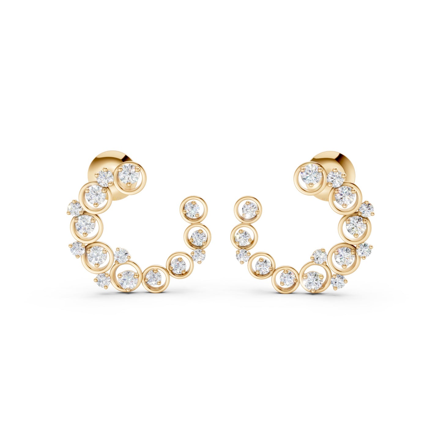 Elegant frontal capture of Halo Arc earrings in yellow gold, adorned with 32 prong- and bezel-set lab-grown diamonds totaling 0.57 CT.