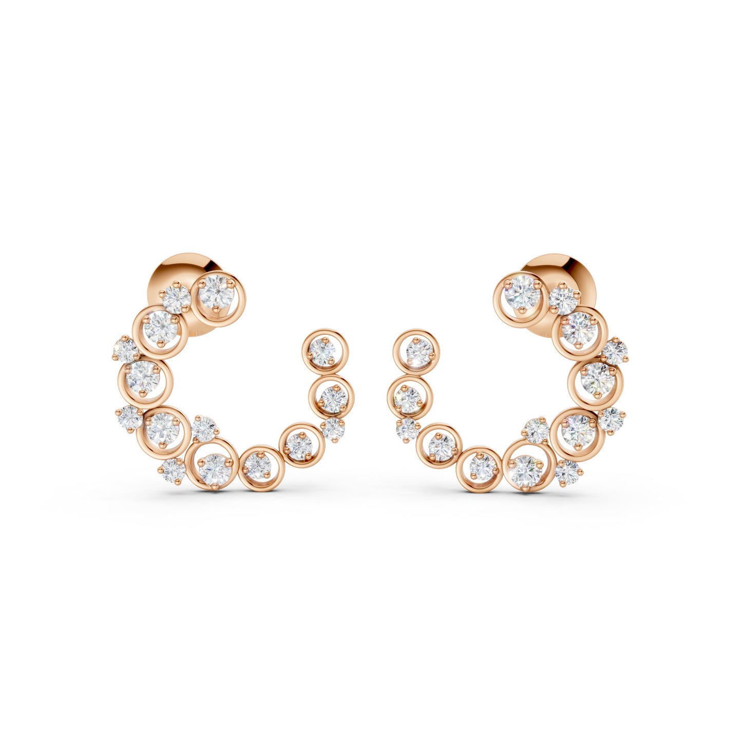 Elegant frontal capture of Halo Arc earrings in rose gold, adorned with 32 prong- and bezel-set lab-grown diamonds totaling 0.57 CT.