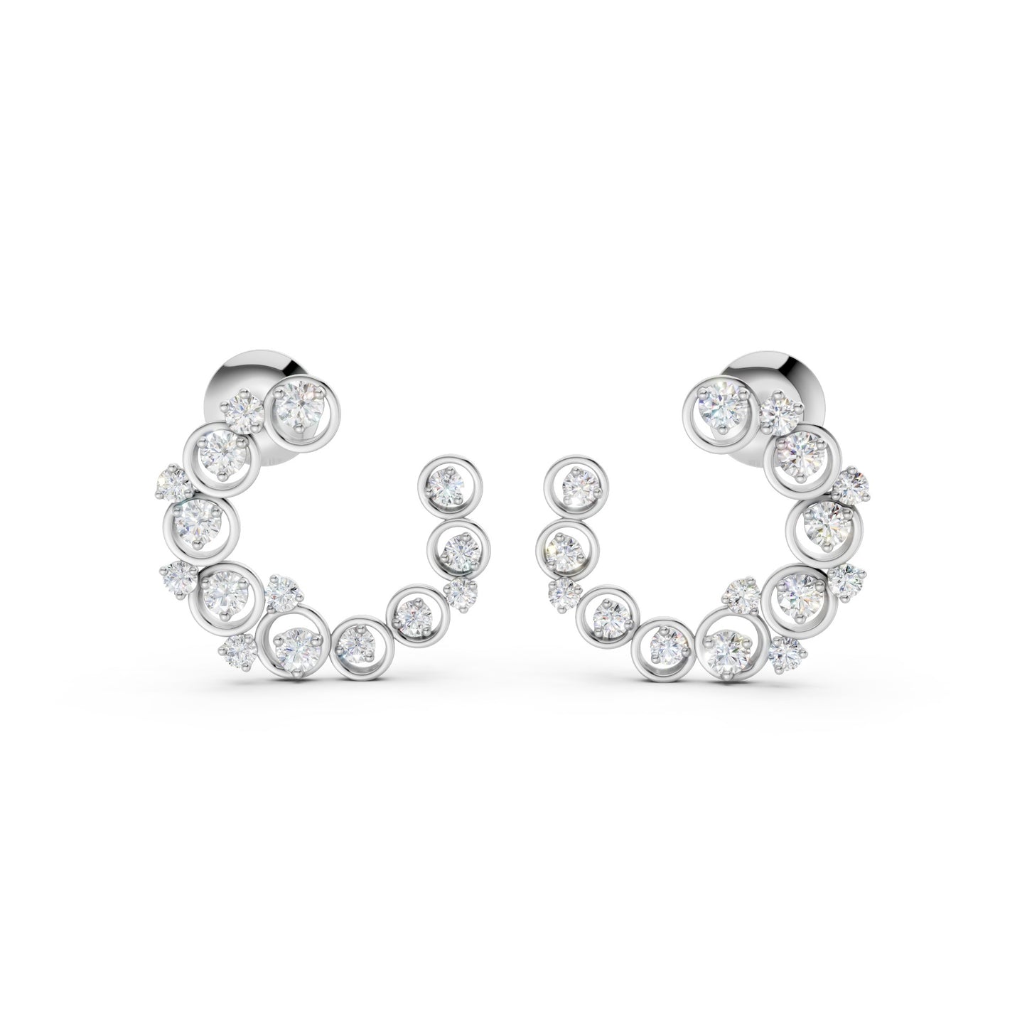 Close-up of Halo Arc earrings in white gold, set with 32 sparkling lab-grown diamonds totaling 0.57 CT, arranged in a graceful curved silhouette.