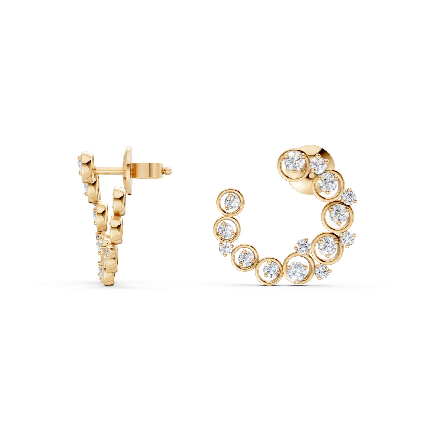 The pair displayed in harmony, showing the full curvature and polished glow of yellow gold.