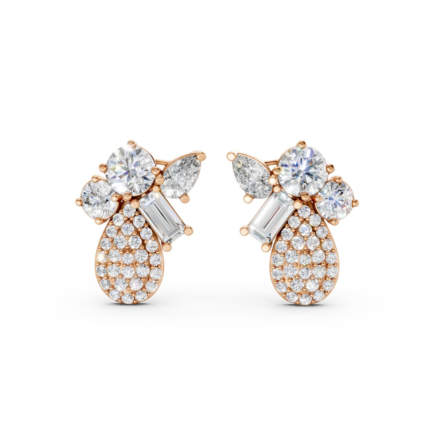 Front view of Modern Teardrop Cluster Diamond Earrings in 18K rose gold, showcasing 2.368 ct lab-grown pear, baguette, and round diamonds in a warm, symmetrical cluster design.
