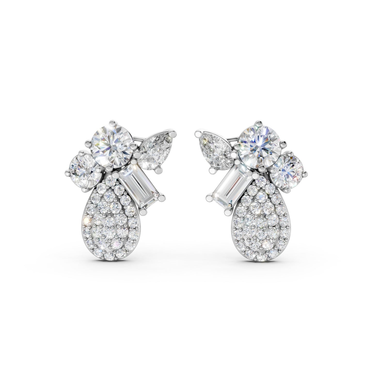 Front view of Modern Teardrop Cluster Diamond Earrings in 18K white gold, showcasing 2.368 ct lab-grown pear, baguette, and round diamonds in a cool, symmetrical cluster design.