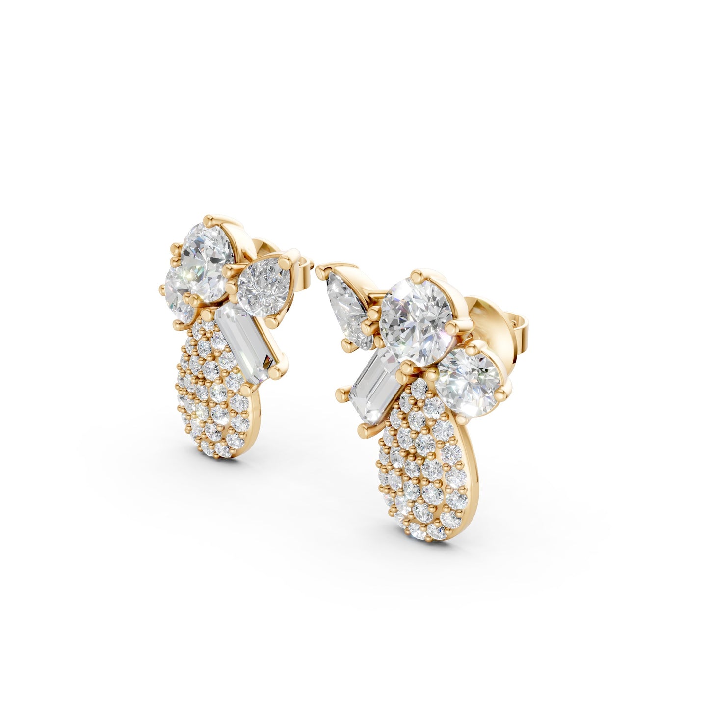 Side view of Modern Teardrop Cluster Diamond Earrings in 18K yellow gold, highlighting the dimensional profile and sparkle of 2.368 ct lab-grown diamonds in teardrop formation.