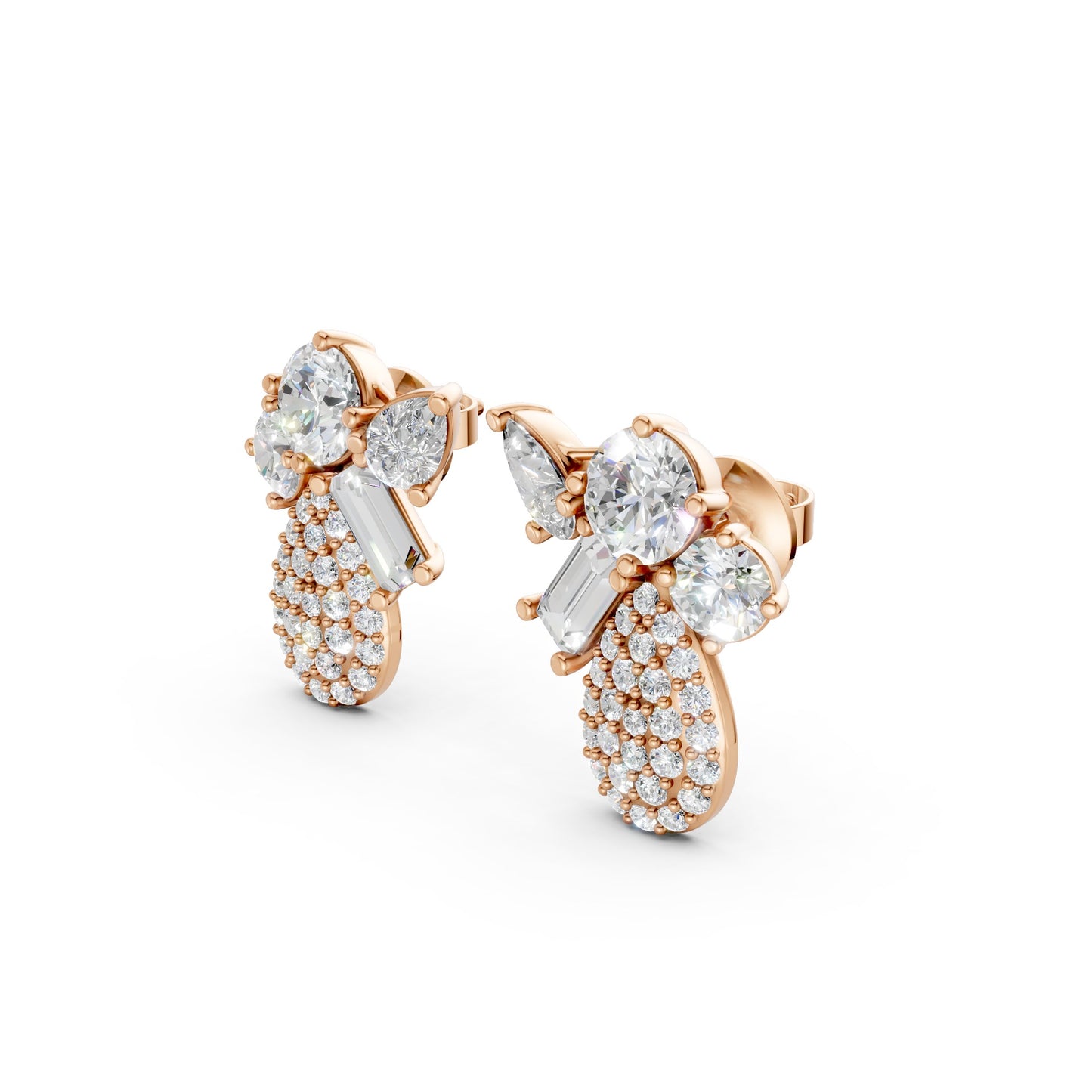 Side view of Modern Teardrop Cluster Diamond Earrings in 18K rose gold, highlighting the dimensional profile and sparkle of 2.368 ct lab-grown diamonds in teardrop formation.