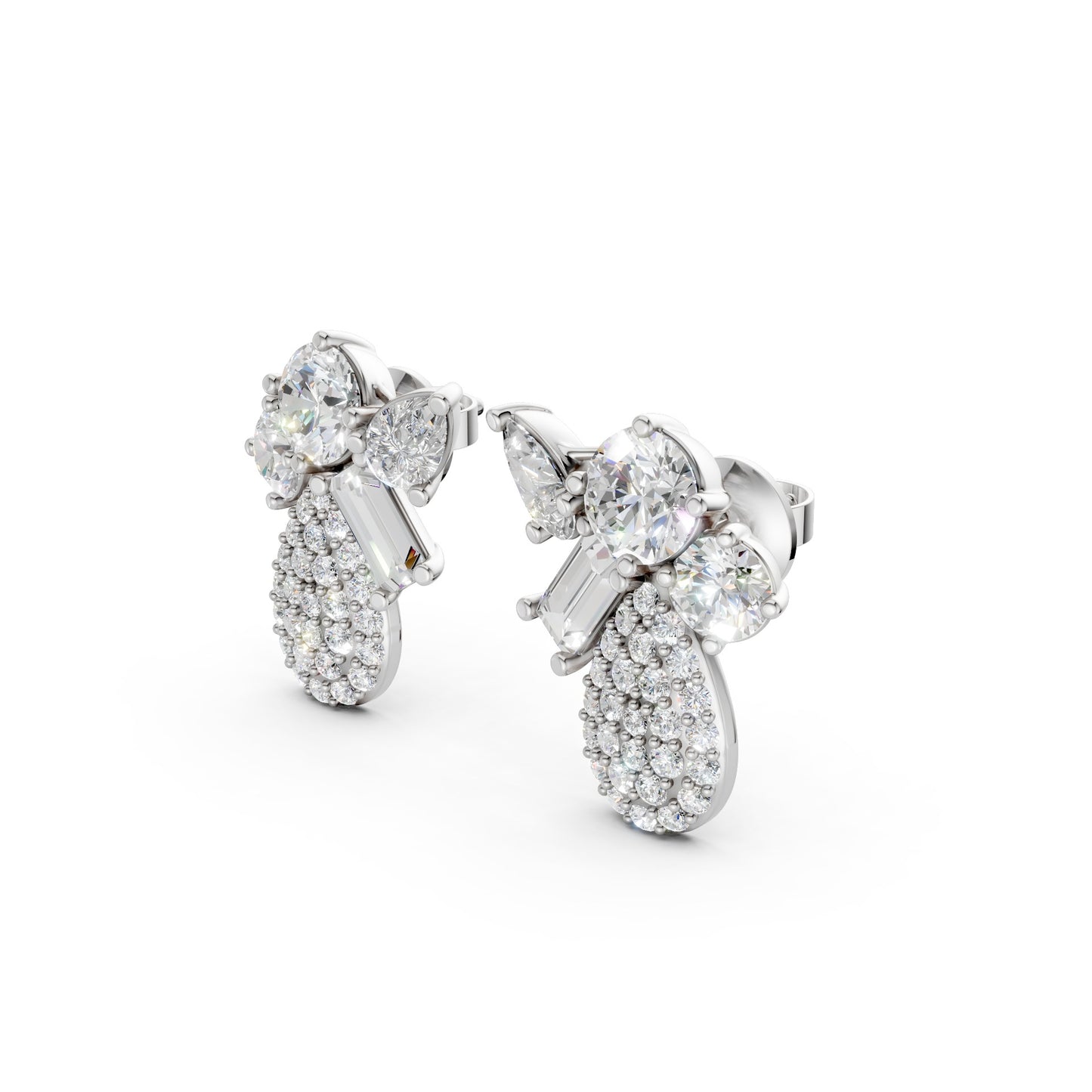 Side view of Modern Teardrop Cluster Diamond Earrings in 18K white gold, highlighting the dimensional profile and sparkle of 2.368 ct lab-grown diamonds in teardrop formation.